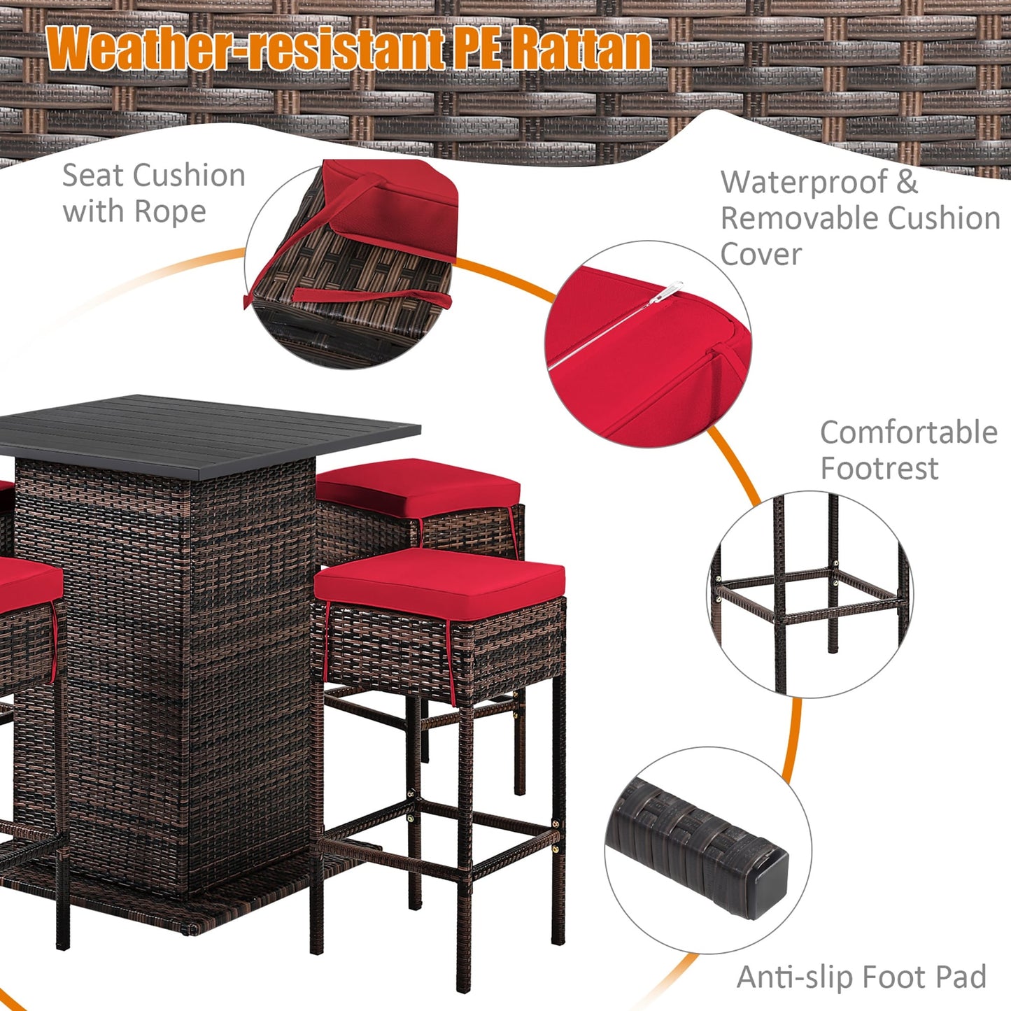 Ensemble de bar d'extérieur en rotin 5 pièces avec coussins et tabourets