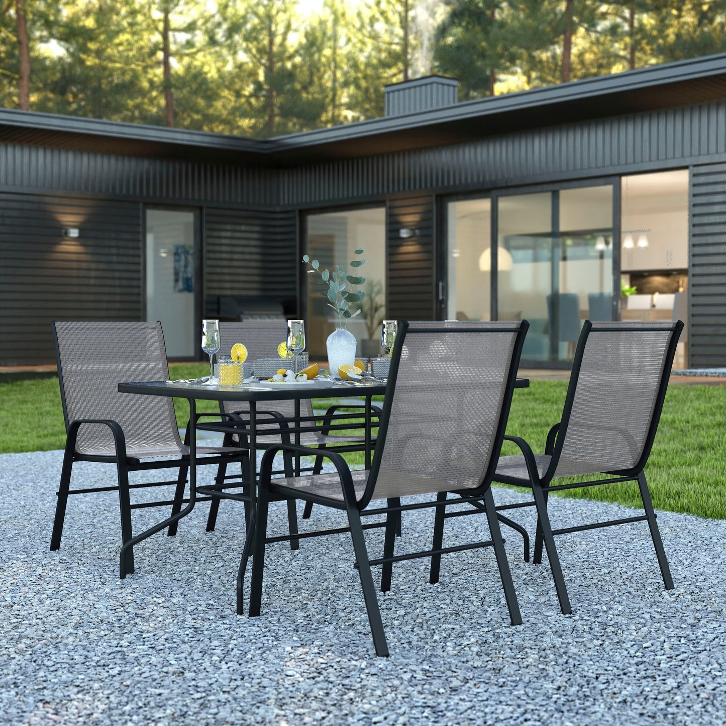 Ensemble de salle à manger de patio 5 pièces : table en verre, 4 chaises empilables flexibles