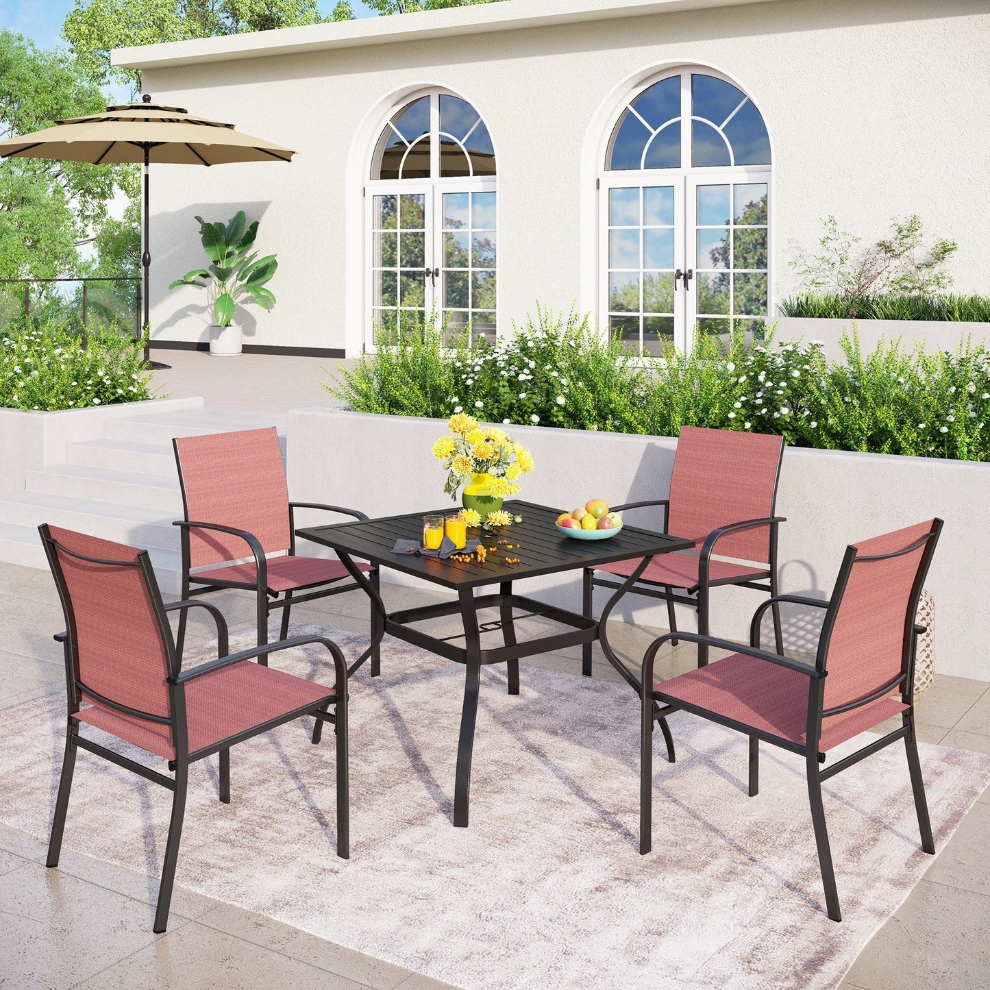 Ensemble de salle à manger de patio 5 pièces MAISON ARTS, table carrée en métal de 94 cm et 4 chaises en textilène