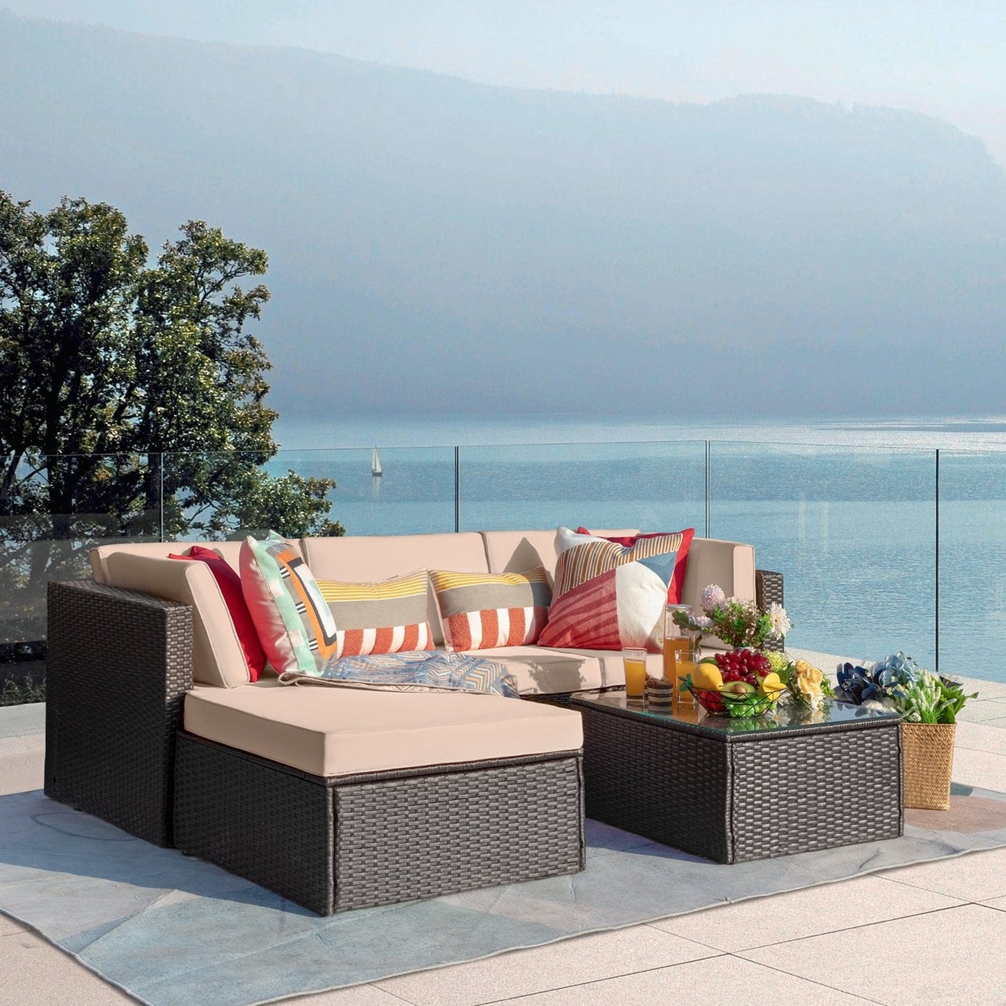 Ensemble de meubles de jardin Homall 5 pièces en osier et canapé d'extérieur en rotin