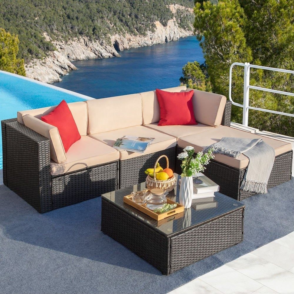 Ensemble de meubles de jardin Homall 5 pièces en osier et canapé d'extérieur en rotin