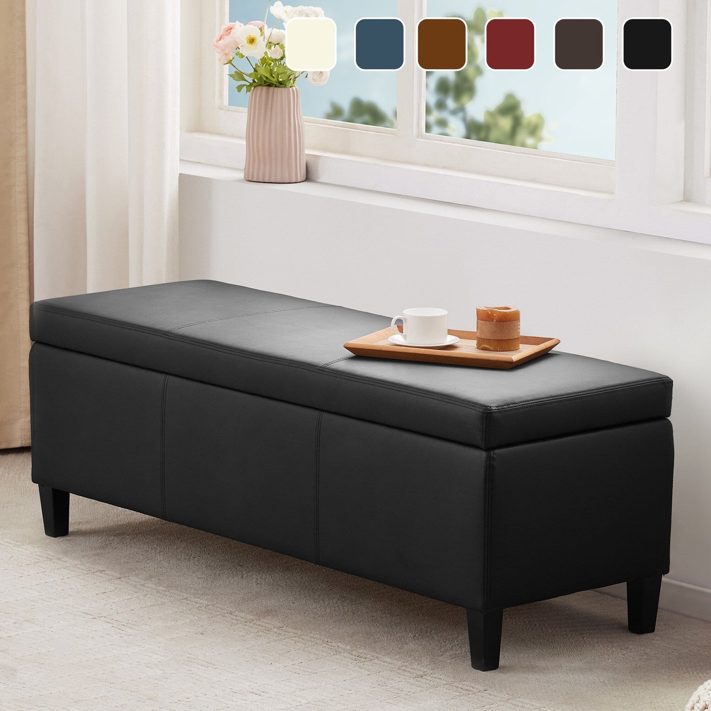 Pouf de rangement rectangulaire rembourré en similicuir (50,3 x 17,50 x 18 po)