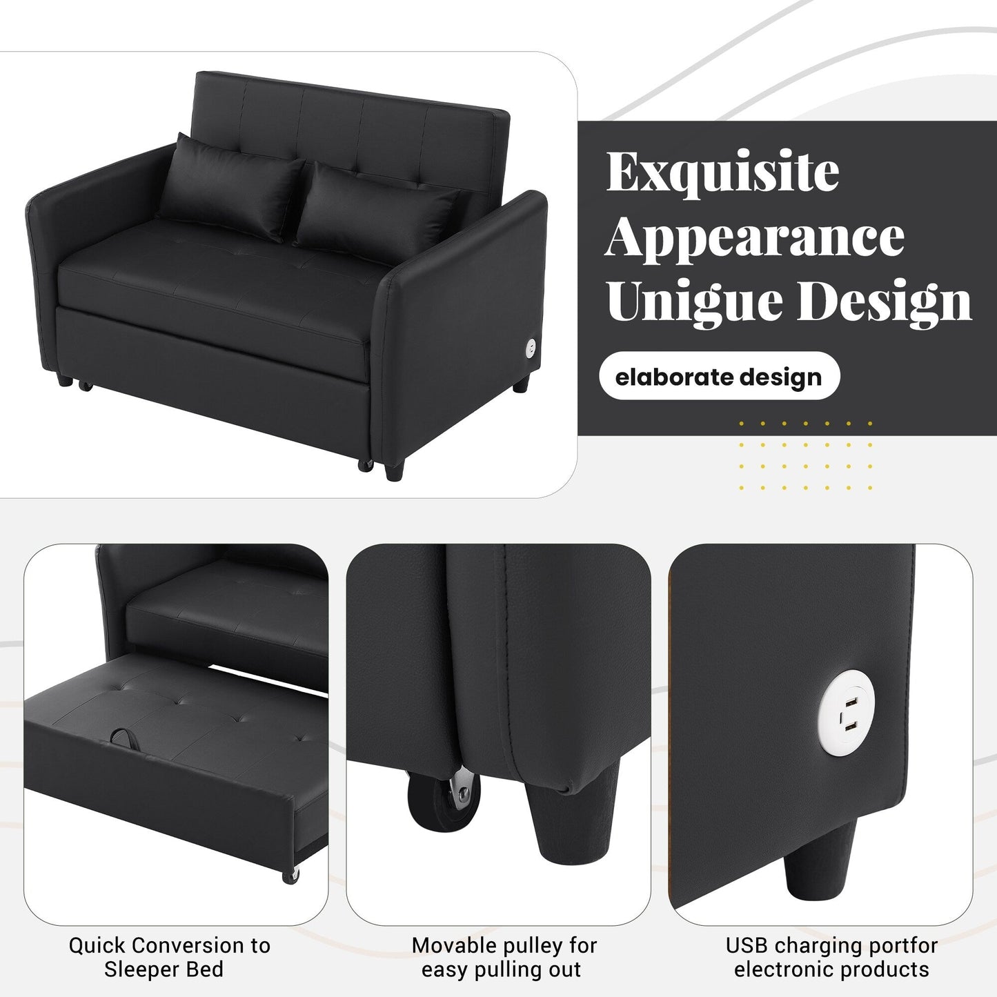 Canapé-lit convertible en polyuréthane 51,57 po avec 3 ports USB, capacité de 181 kg et mécanisme de lit gigogne