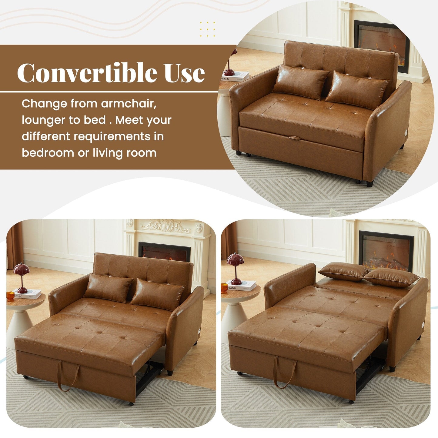 Canapé-lit convertible en polyuréthane 51,57 po avec 3 ports USB, capacité de 181 kg et mécanisme de lit gigogne