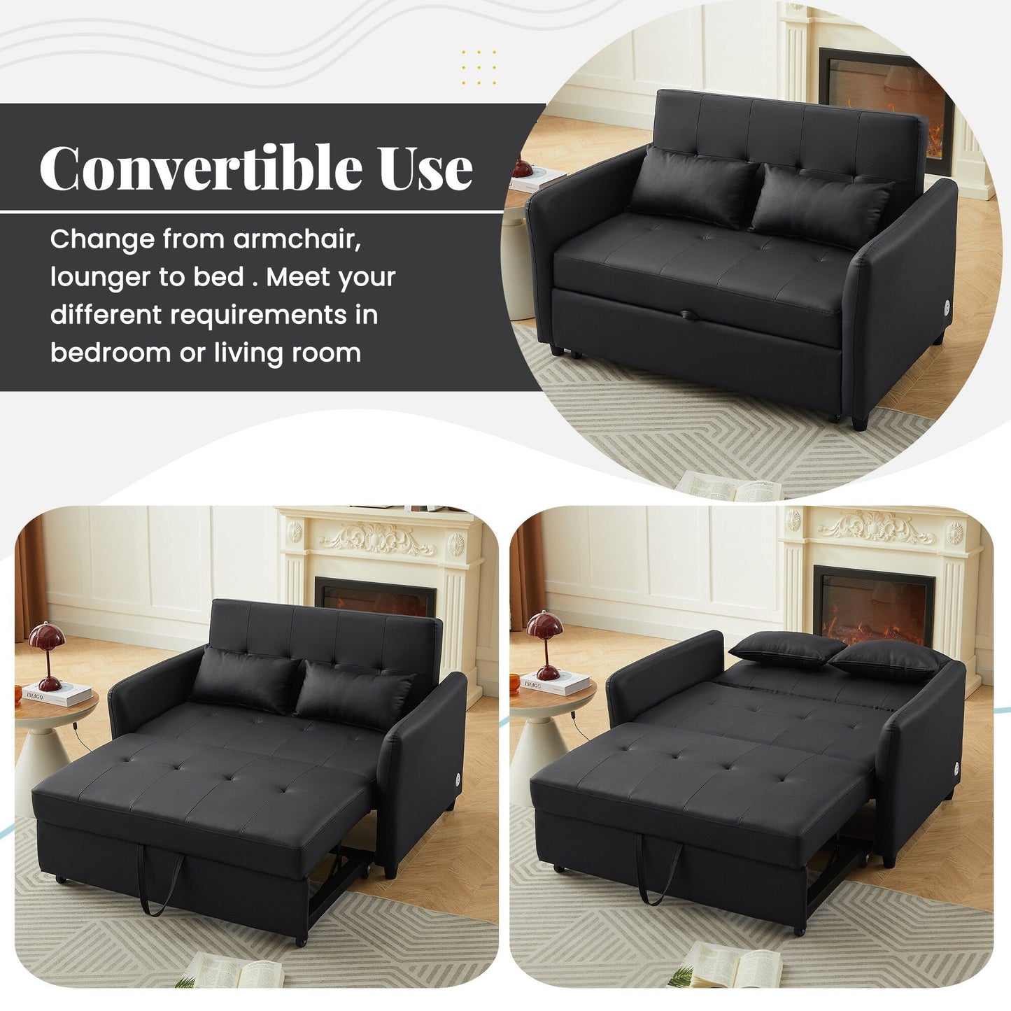 Canapé-lit convertible en polyuréthane 51,57 po avec 3 ports USB, capacité de 181 kg et mécanisme de lit gigogne