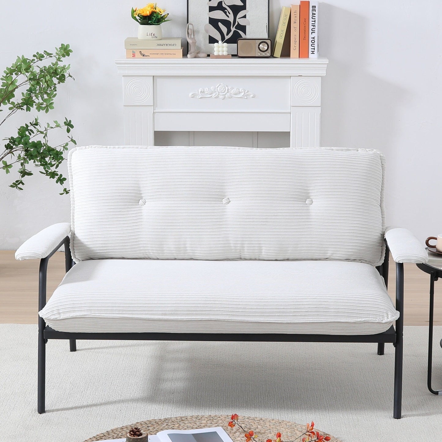 Canapé 2 places beige de 53 pouces avec cadre en métal pour petits espaces, mélange de polyester, mobilier d'appartement compact et moderne