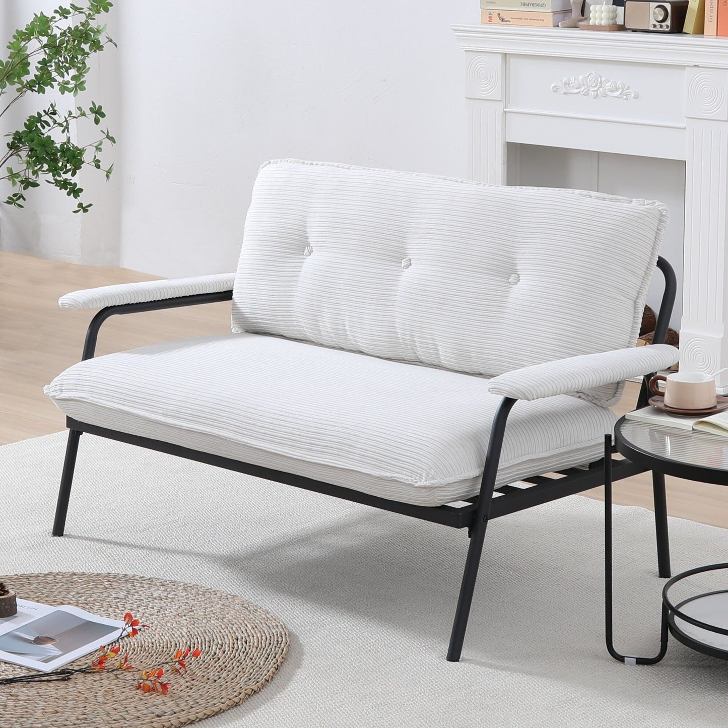 Canapé 2 places beige de 53 pouces avec cadre en métal pour petits espaces, mélange de polyester, mobilier d'appartement compact et moderne