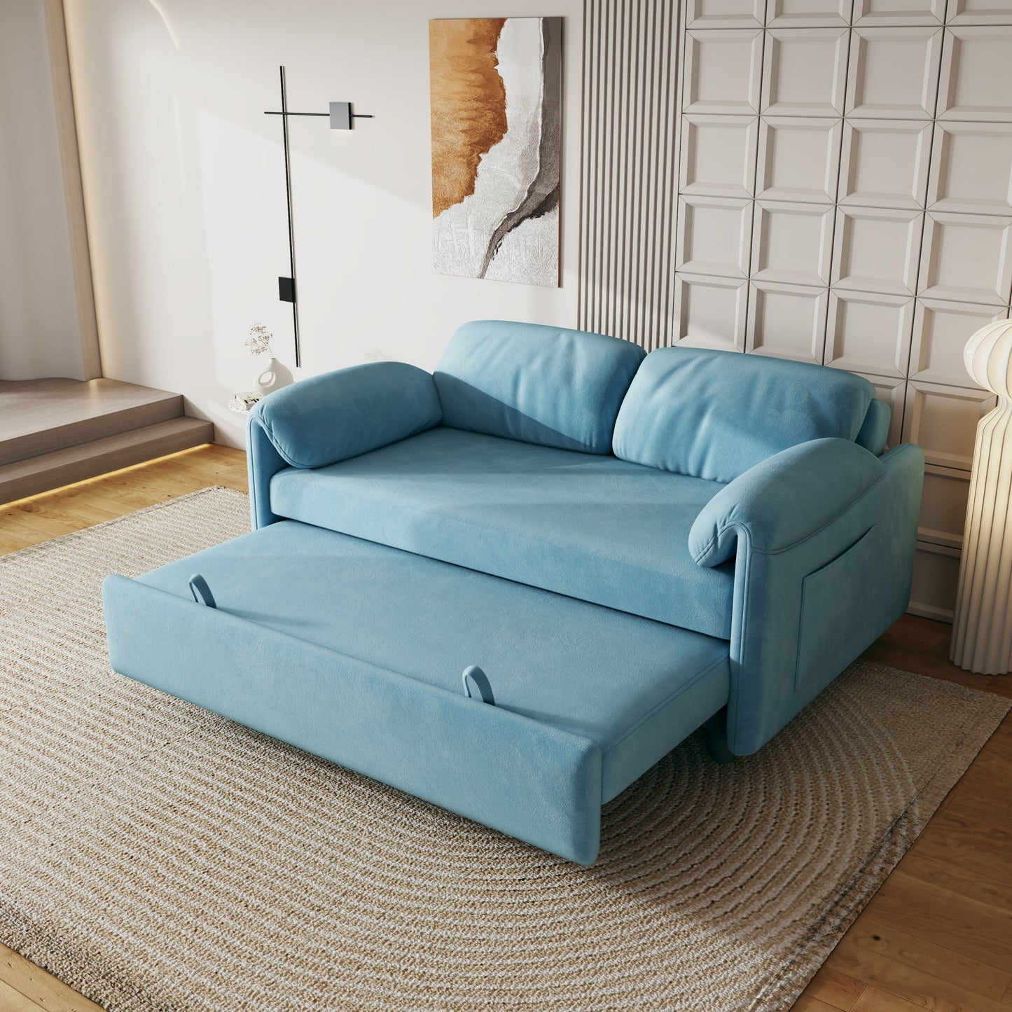 Canapé-lit en velours de 54 pouces - Design polyvalent avec lit queen-size rétractable et rangement pour accoudoirs