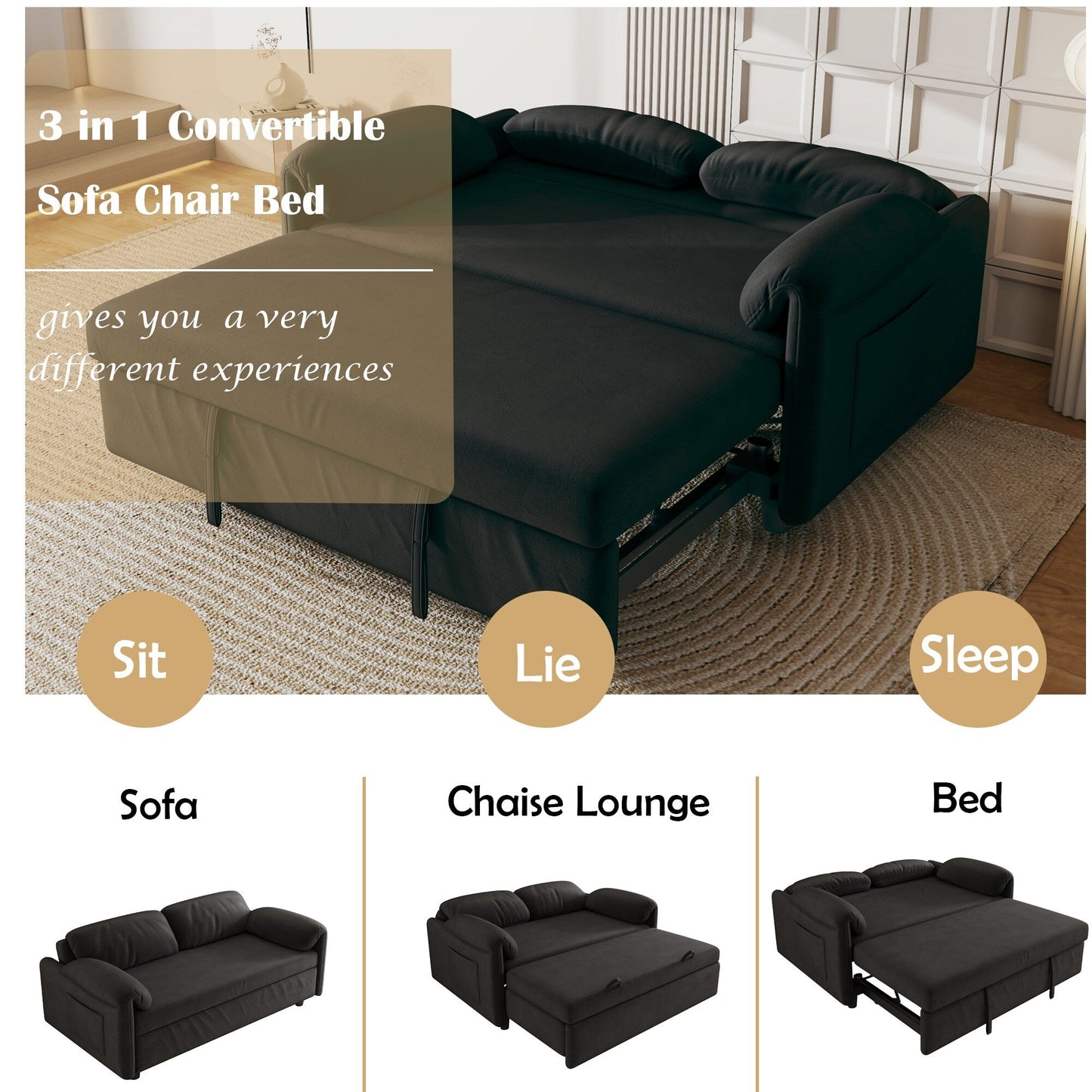 Canapé-lit en velours de 54 pouces - Design polyvalent avec lit queen-size rétractable et rangement pour accoudoirs