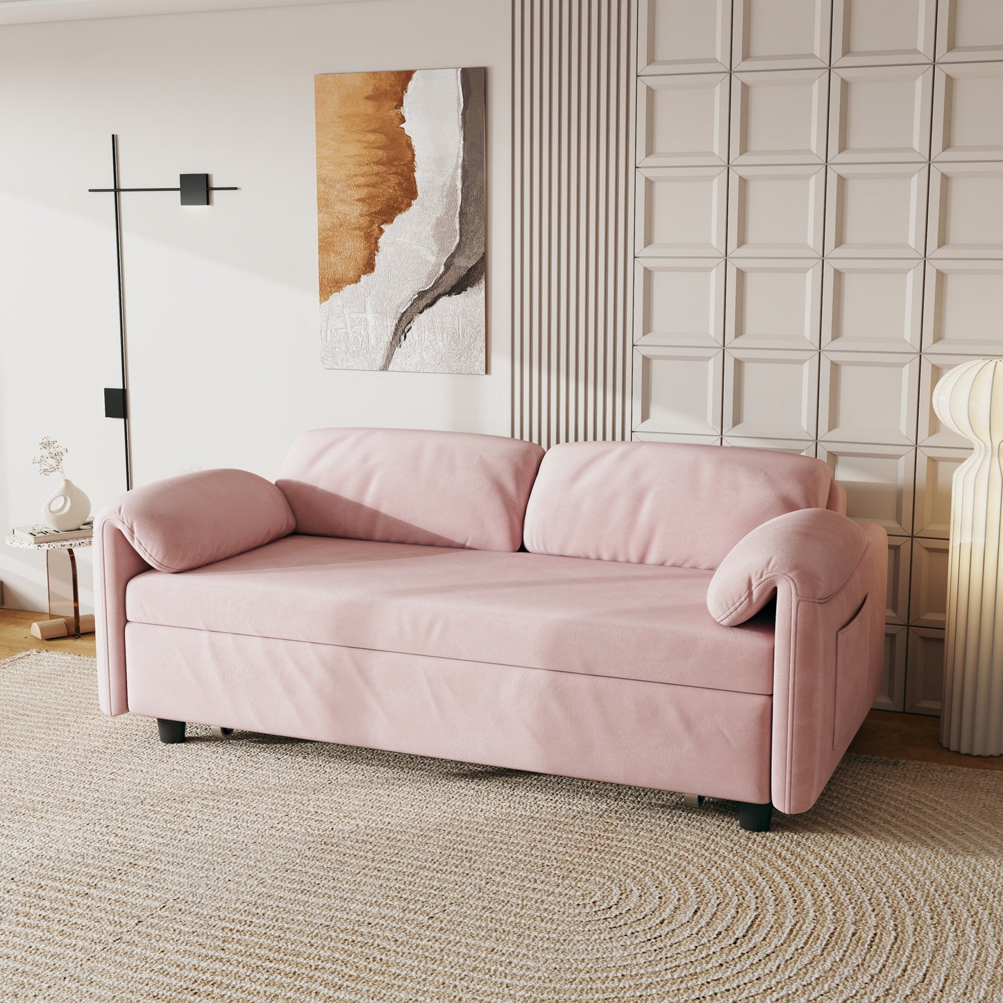 Canapé-lit en velours de 54 pouces - Design polyvalent avec lit queen-size rétractable et rangement pour accoudoirs