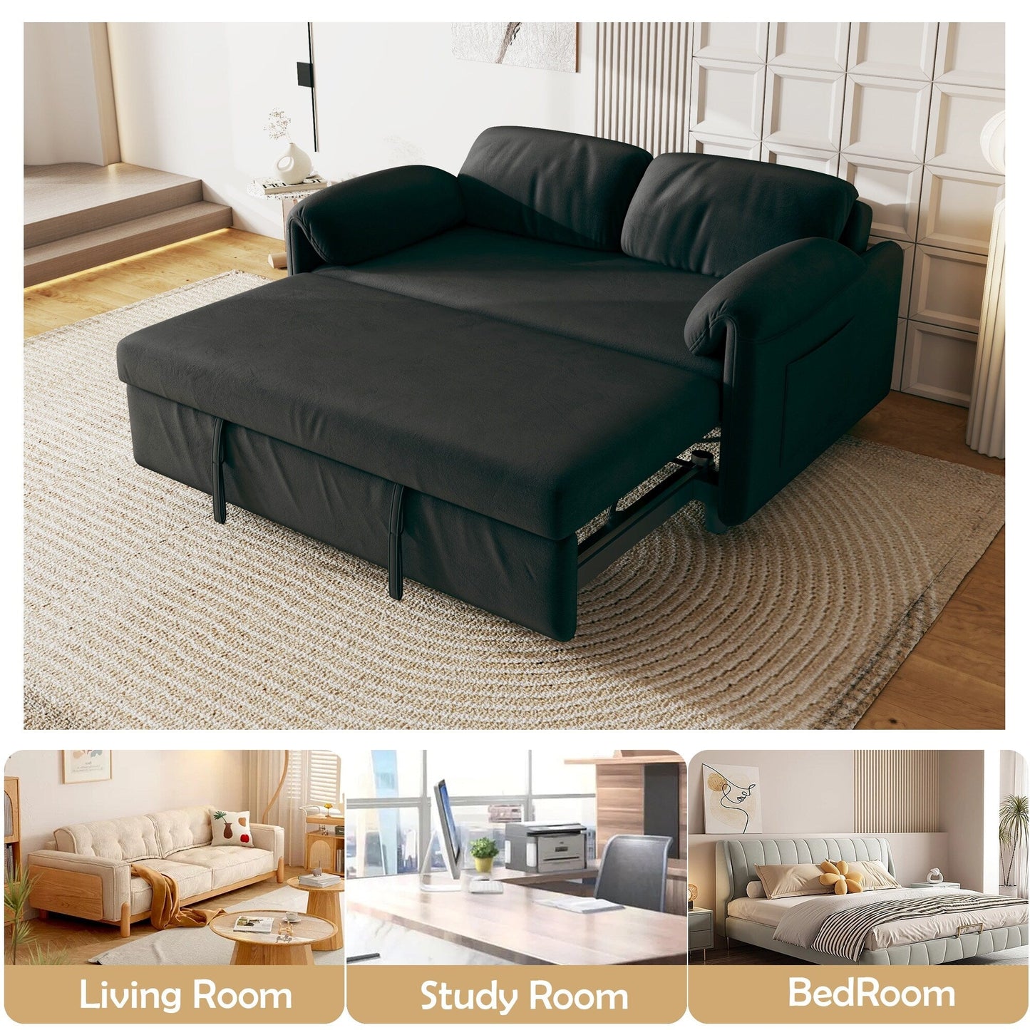 Canapé-lit en velours de 54 pouces - Design polyvalent avec lit queen-size rétractable et rangement pour accoudoirs