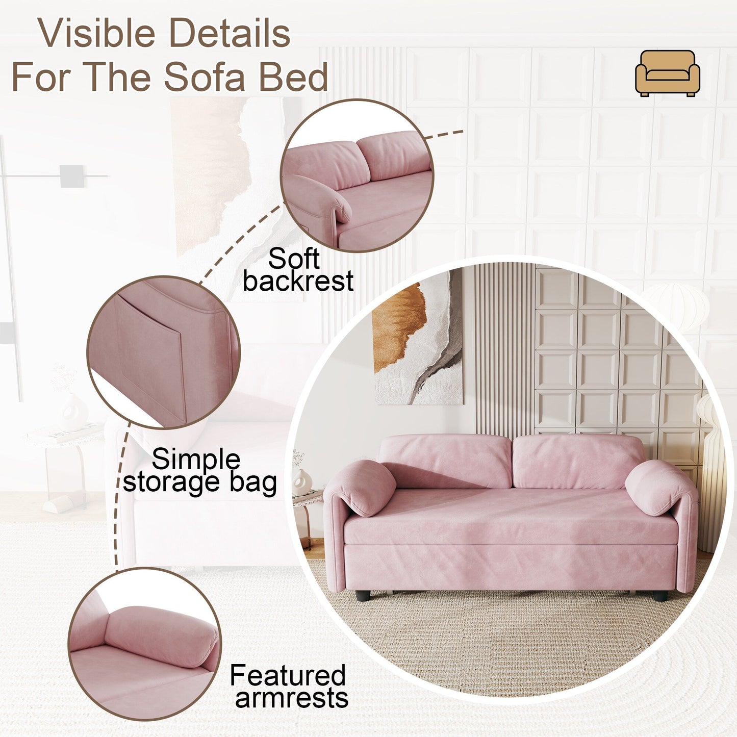 Canapé-lit en velours de 54 pouces - Design polyvalent avec lit queen-size rétractable et rangement pour accoudoirs
