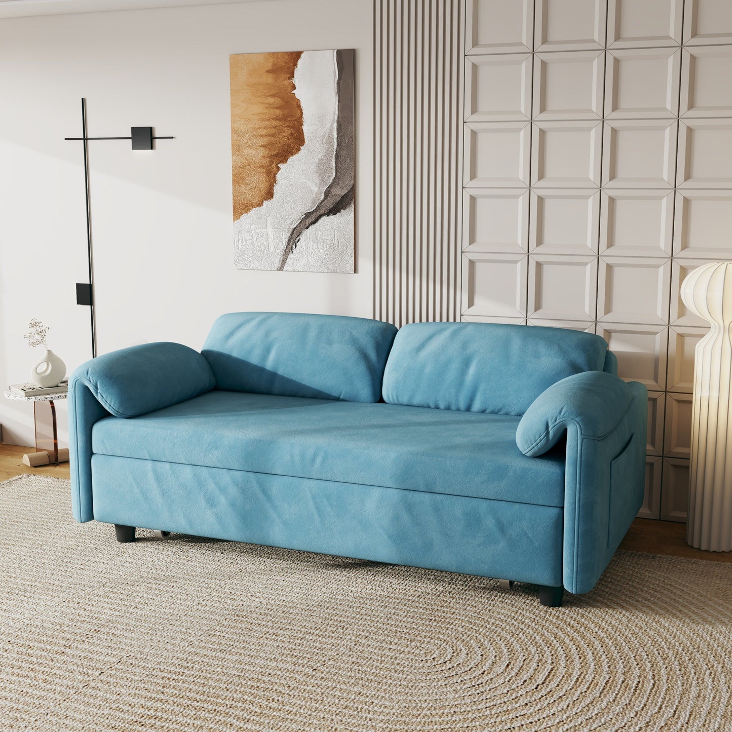 Canapé-lit en velours de 54 pouces - Design polyvalent avec lit queen-size rétractable et rangement pour accoudoirs