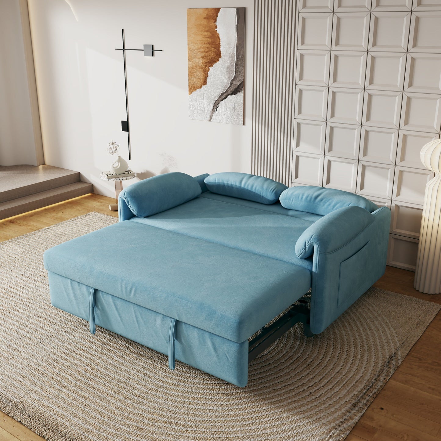 Canapé-lit en velours de 54 pouces - Design polyvalent avec lit queen-size rétractable et rangement pour accoudoirs