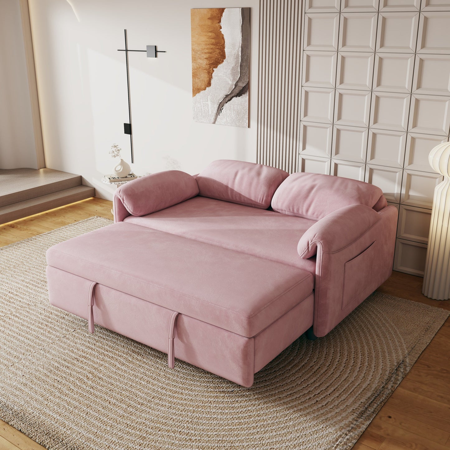 Canapé-lit en velours de 54 pouces - Design polyvalent avec lit queen-size rétractable et rangement pour accoudoirs