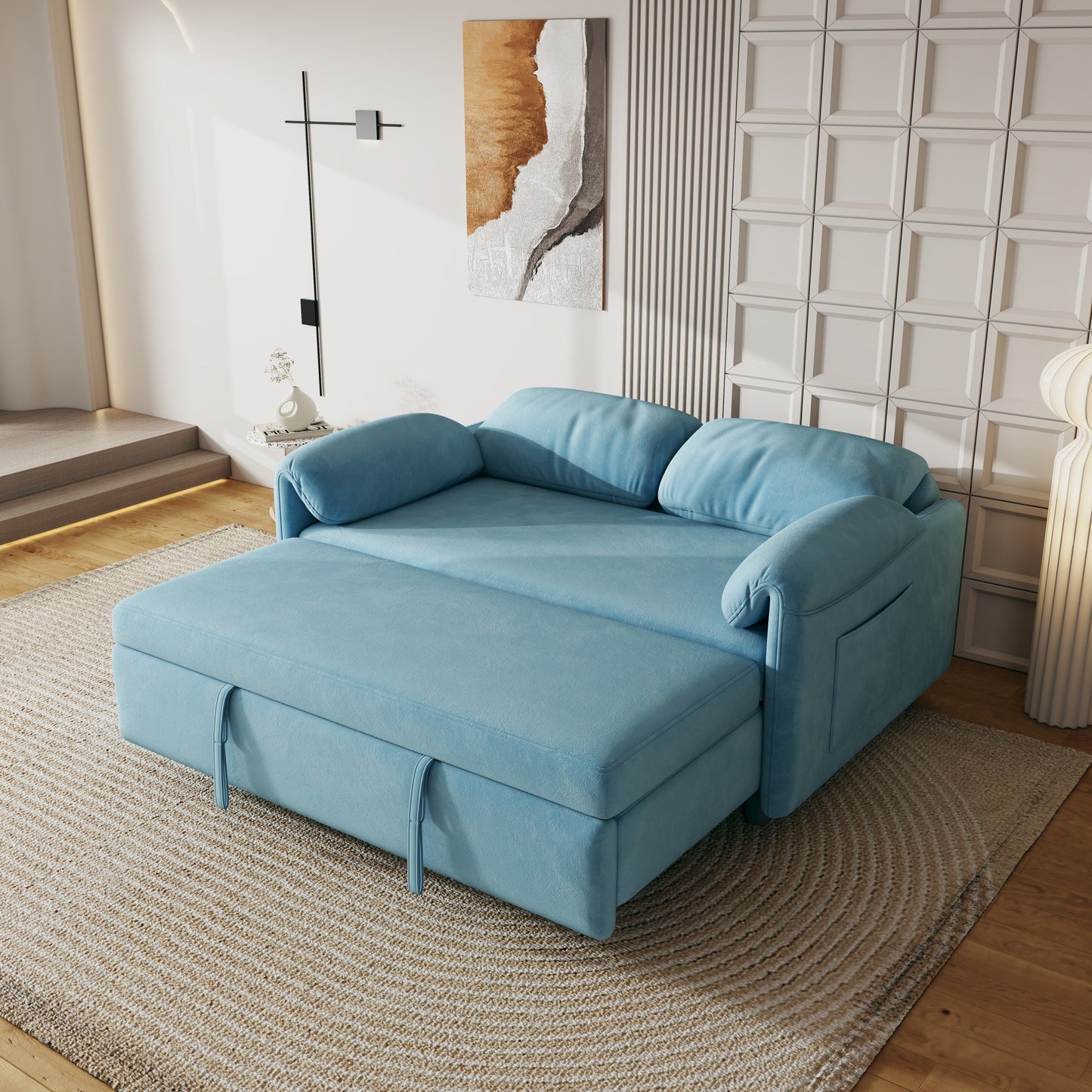 Canapé-lit en velours de 54 pouces - Design polyvalent avec lit queen-size rétractable et rangement pour accoudoirs