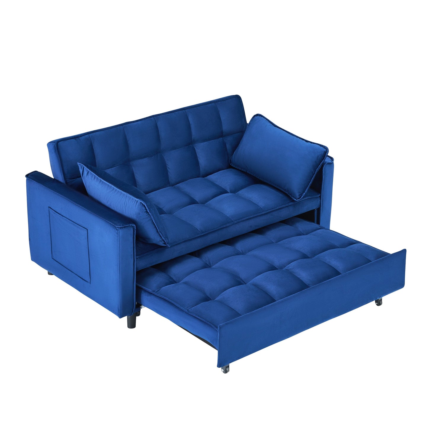 Canapé convertible 3 en 1 en velours bleu de 55 pouces avec poches