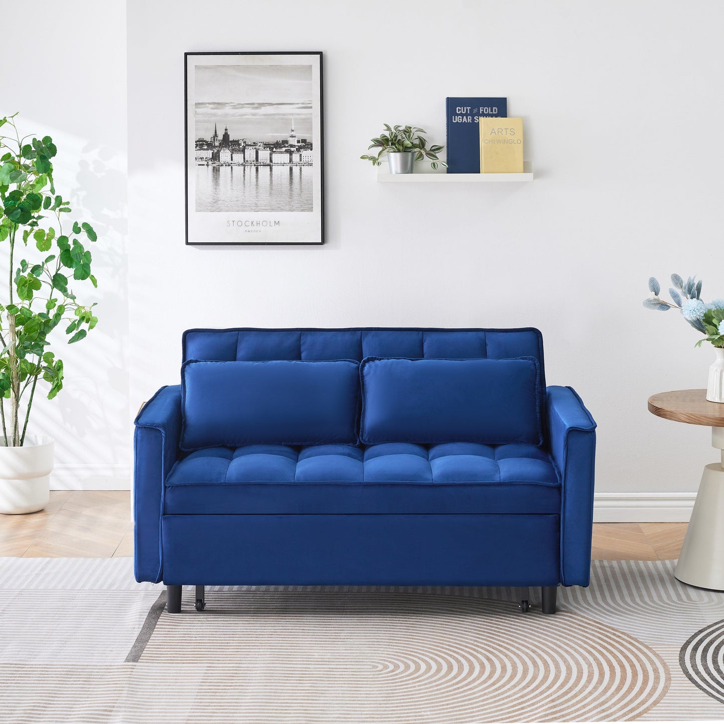 Canapé convertible 3 en 1 en velours bleu de 55 pouces avec poches