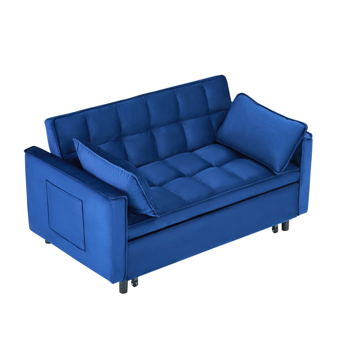 Canapé convertible 3 en 1 en velours bleu de 55 pouces avec poches