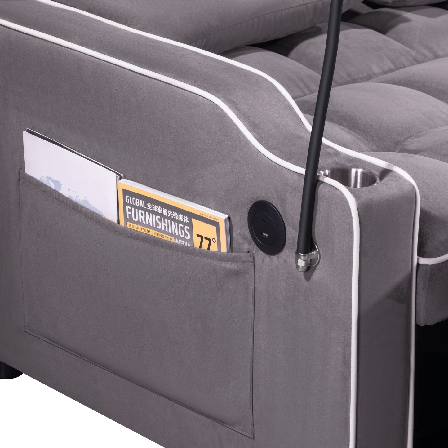 Canapé-lit pliant multi-positions en daim 55.11 avec port de chargement USB, support de téléphone rotatif et cendrier