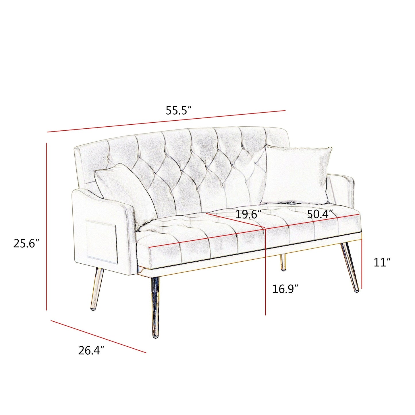 Canapé 2 places en velours 55,5 avec 2 coussins, design contemporain et montage facile