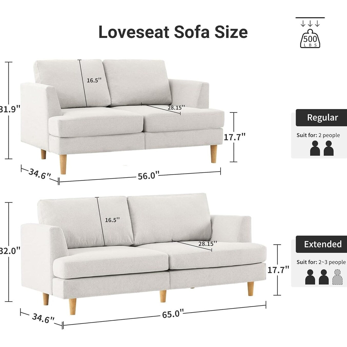 Canapé 2 places rembourré style Mid-Century 56 pour salon, chambre et appartement, design compact
