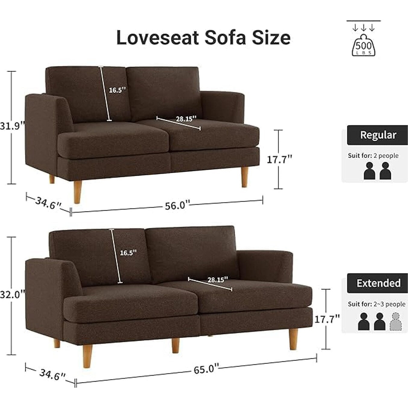 Canapé 2 places rembourré style Mid-Century 56 pour salon, chambre et appartement, design compact
