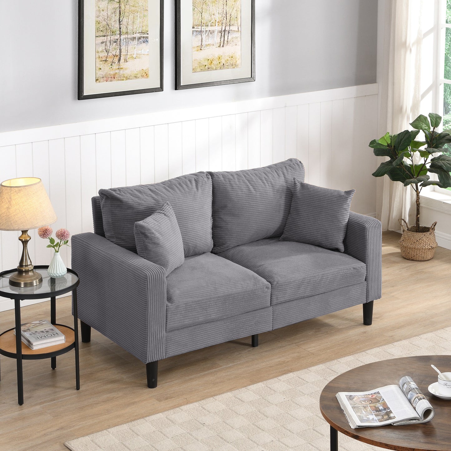 Causeuse 57 pouces haute résilience cadre en bois 2 places confortable petit espace moderne rembourré gris clair