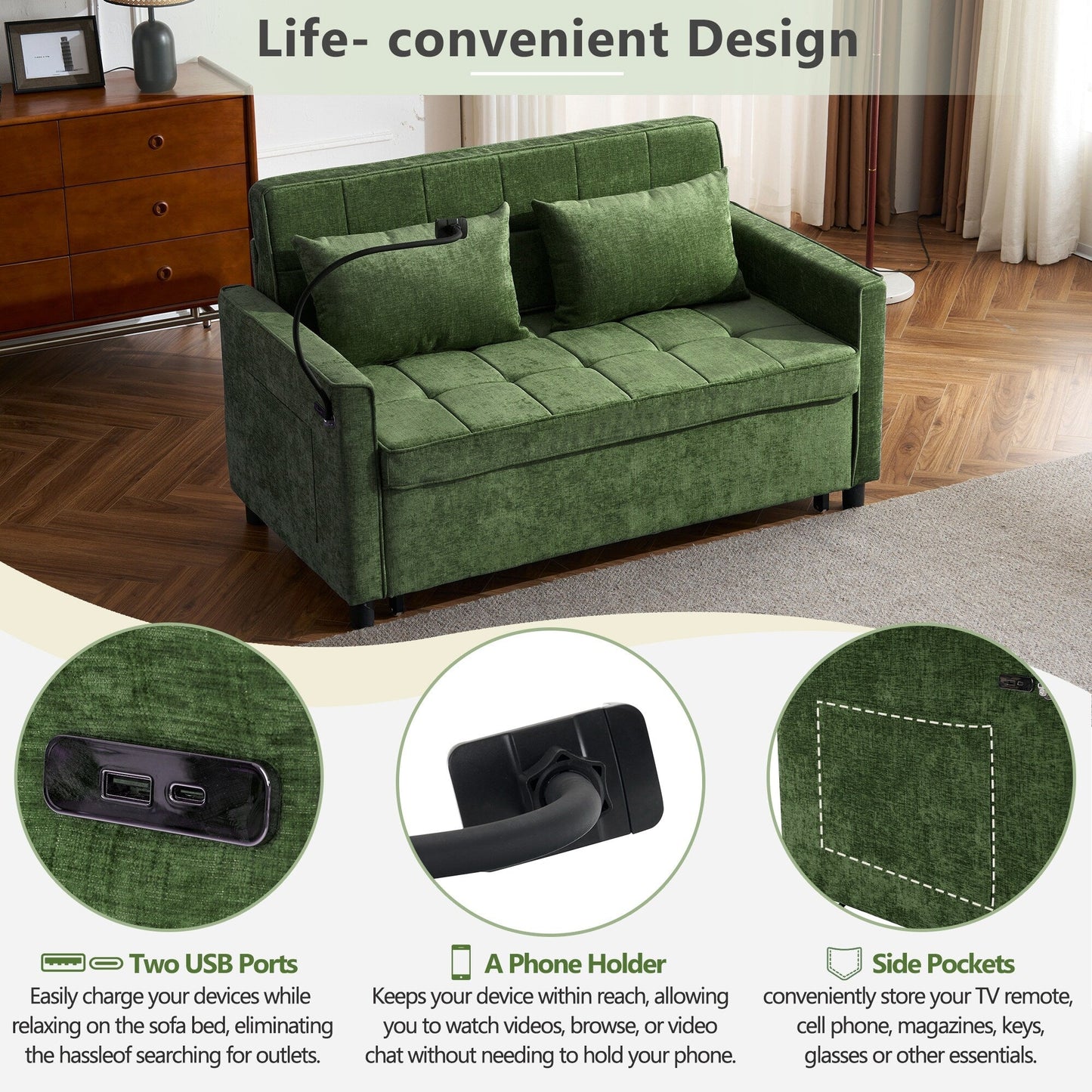 Canapé-lit convertible 57 pouces - Canapé-lit compact avec station de charge USB, dossier réversible et solutions de rangement intelligentes