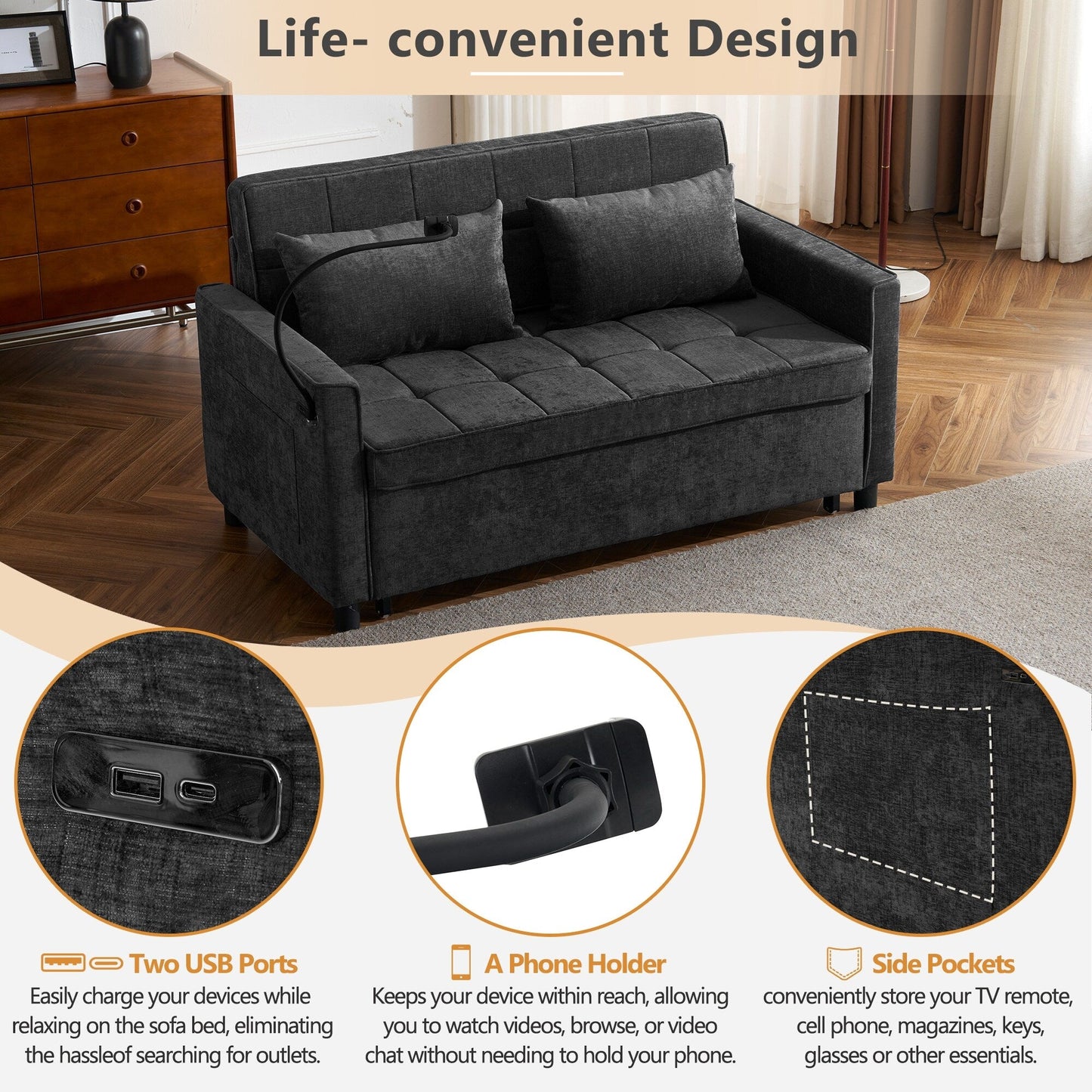 Canapé-lit convertible 57 pouces - Canapé-lit compact avec station de charge USB, dossier réversible et solutions de rangement intelligentes