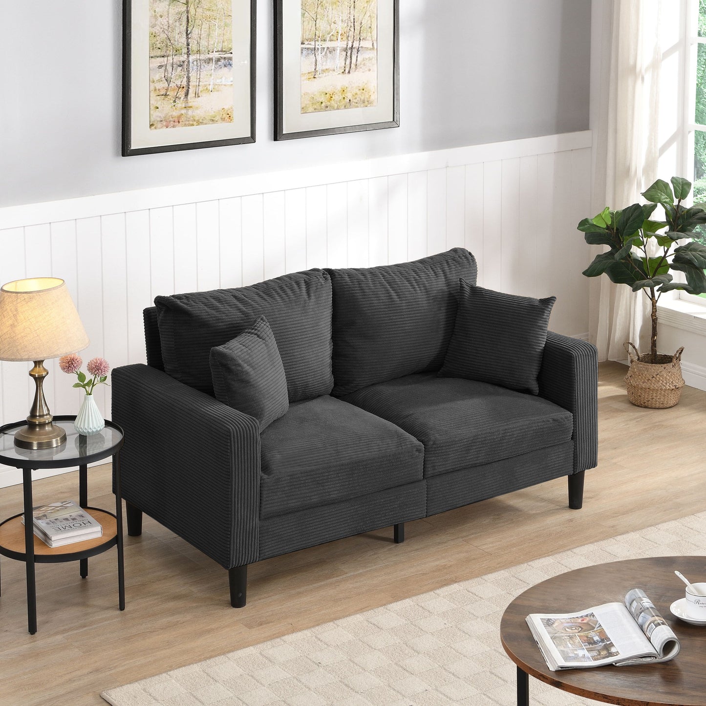 Canapé moderne rembourré avec 2 oreillers et coussin en mousse haute densité, cadre en bois pour salon et bureau