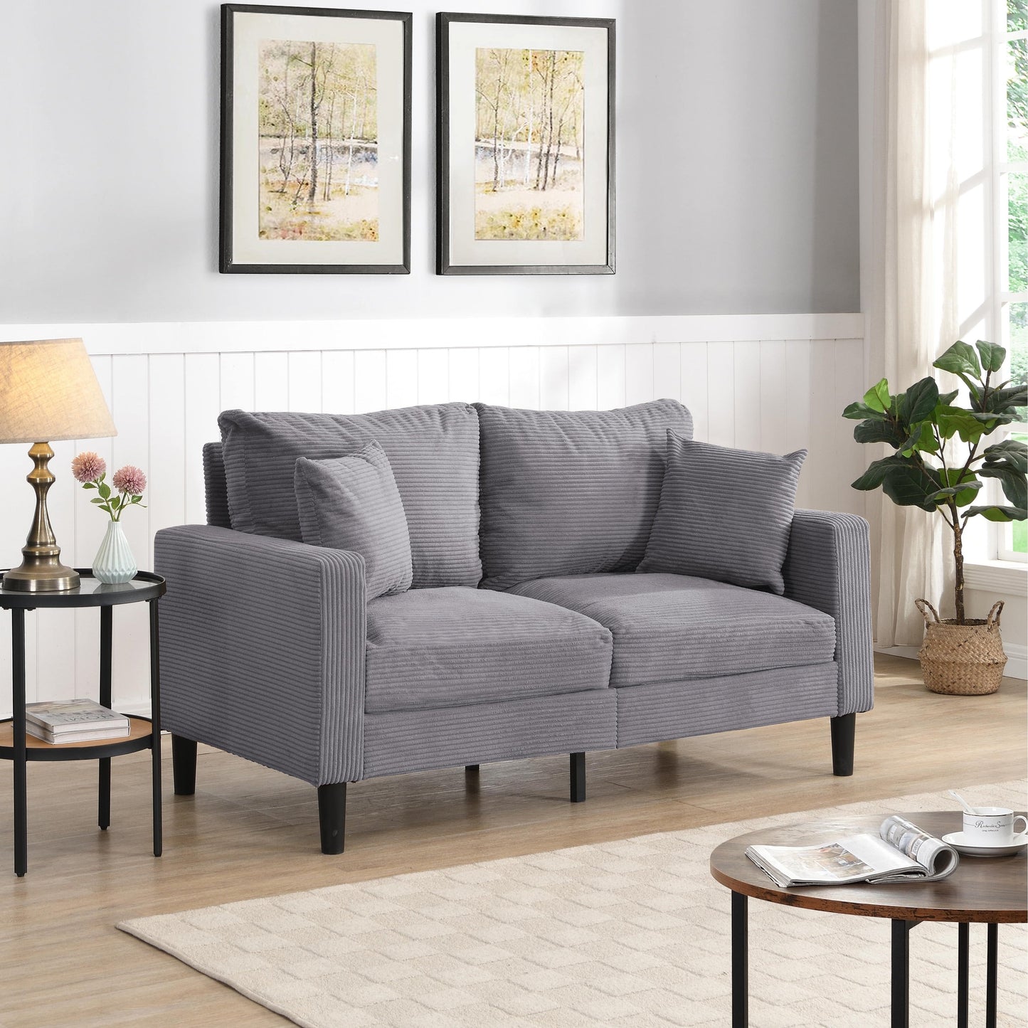 Canapé moderne rembourré avec 2 oreillers et coussin en mousse haute densité, cadre en bois pour salon et bureau