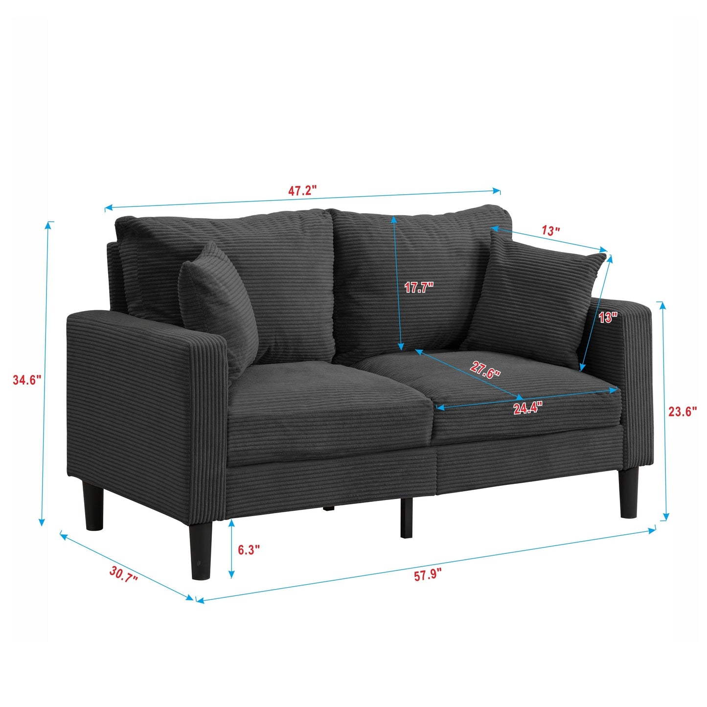 Canapé moderne rembourré avec 2 oreillers et coussin en mousse haute densité, cadre en bois pour salon et bureau