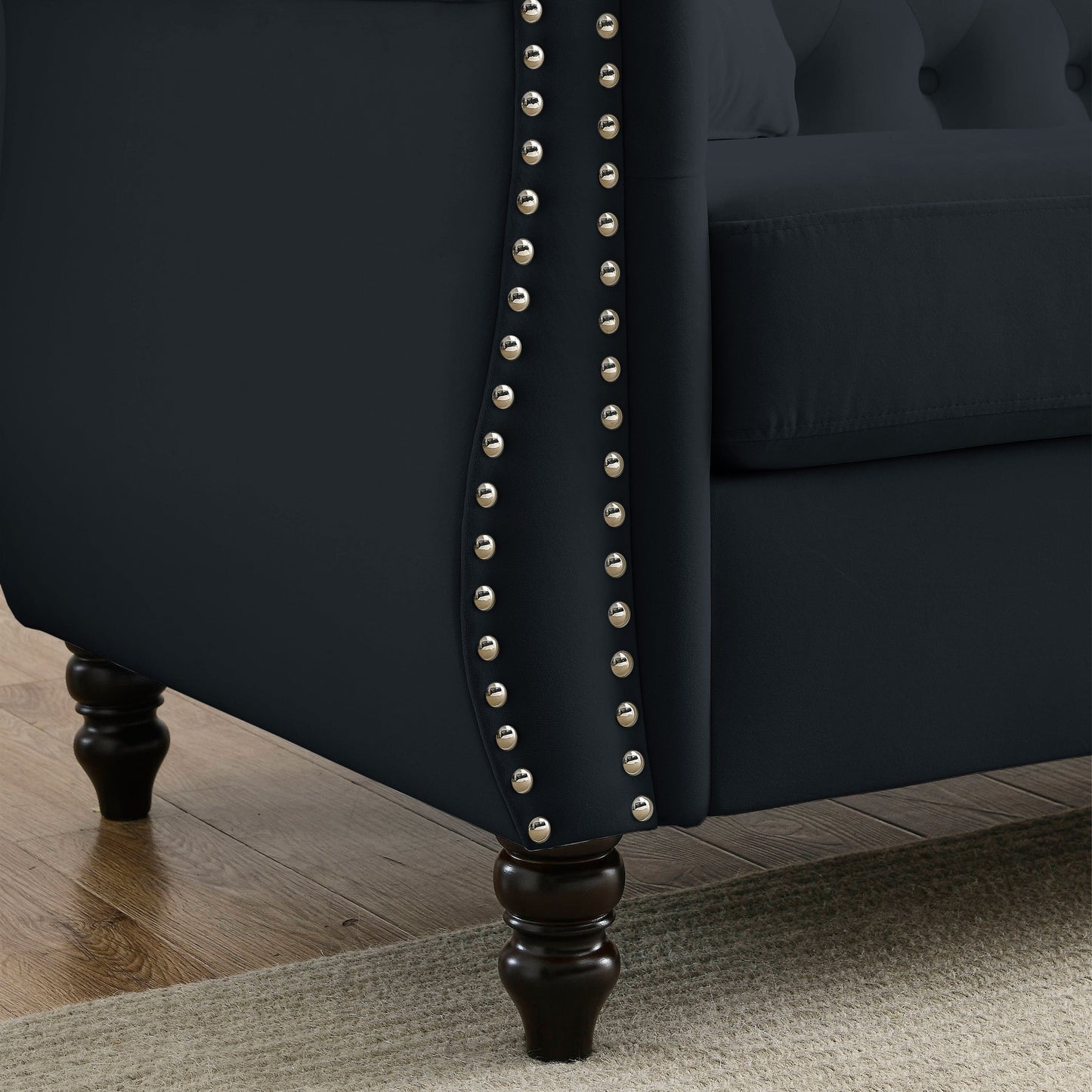 Canapé Chesterfield 2 places en velours 58,8 avec accoudoirs roulés, garniture cloutée et 2 coussins