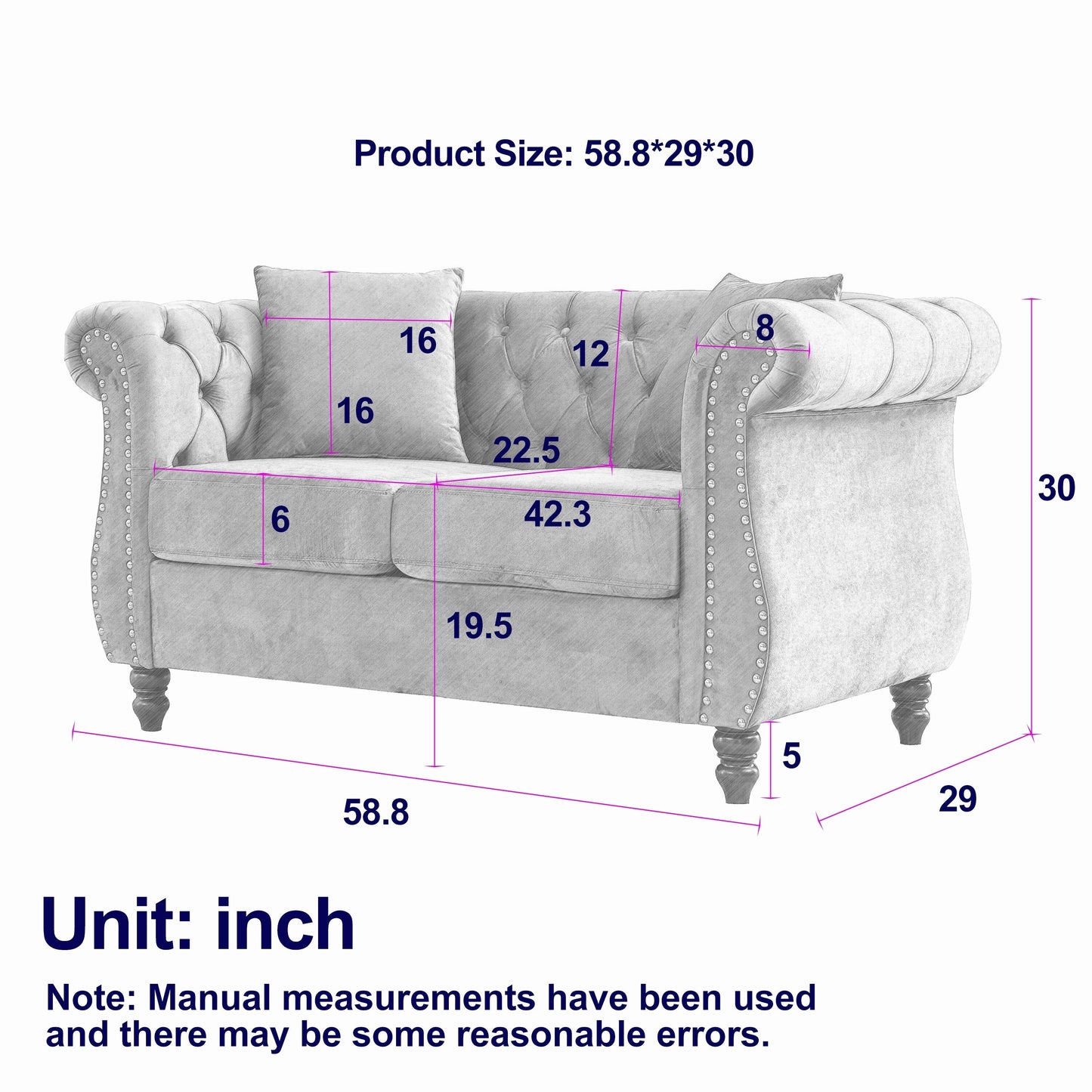 Canapé Chesterfield 2 places en velours 58,8 avec accoudoirs roulés, garniture cloutée et 2 coussins