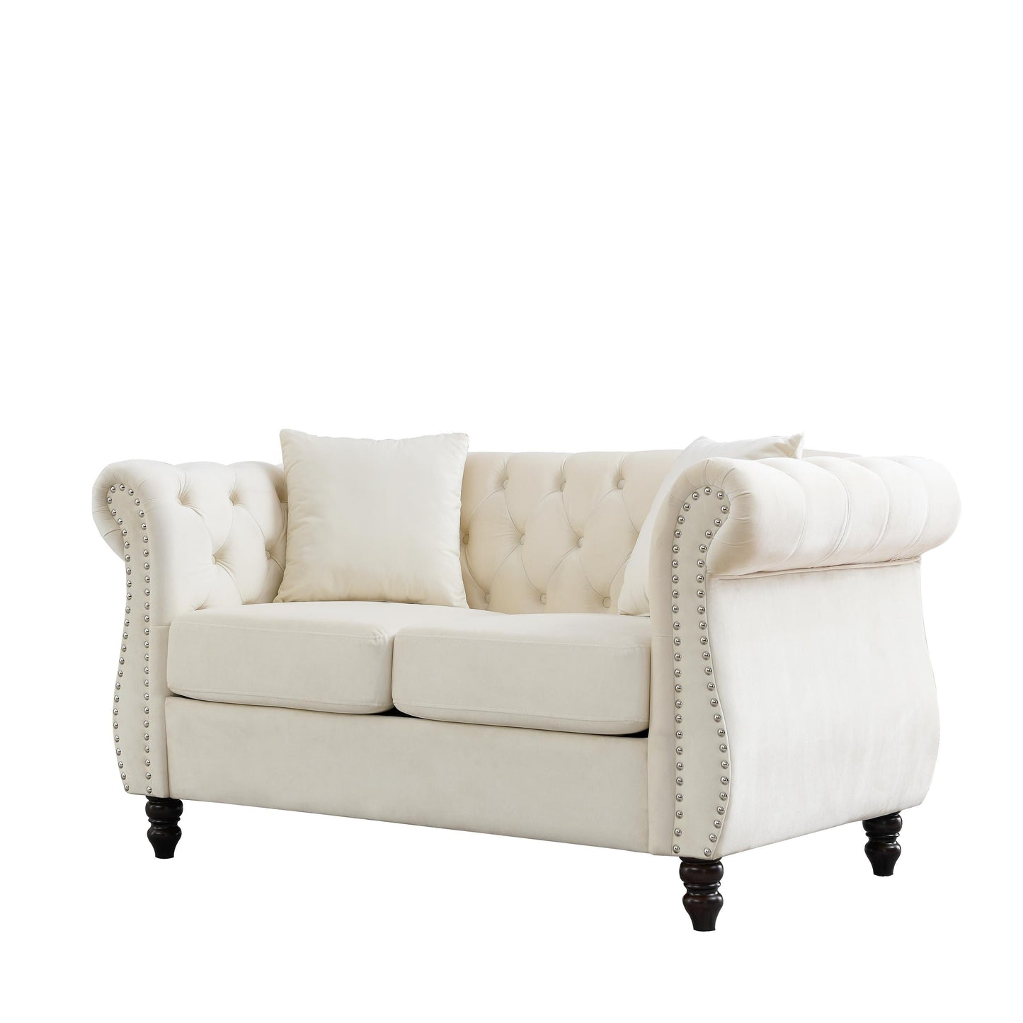 Canapé Chesterfield 2 places en velours 58,8 avec accoudoirs roulés, garniture cloutée et 2 coussins