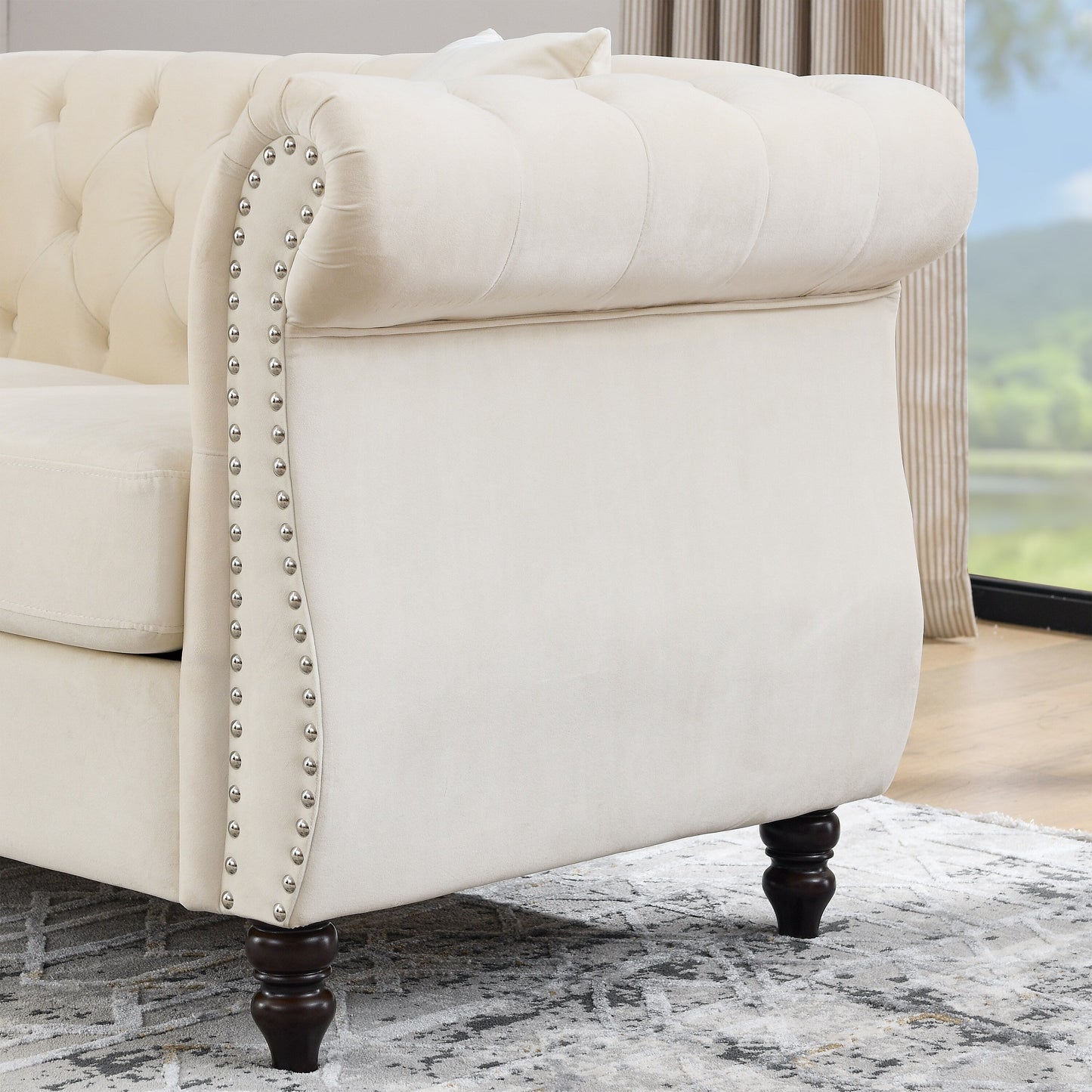 Canapé Chesterfield 2 places en velours 58,8 avec accoudoirs roulés, garniture cloutée et 2 coussins