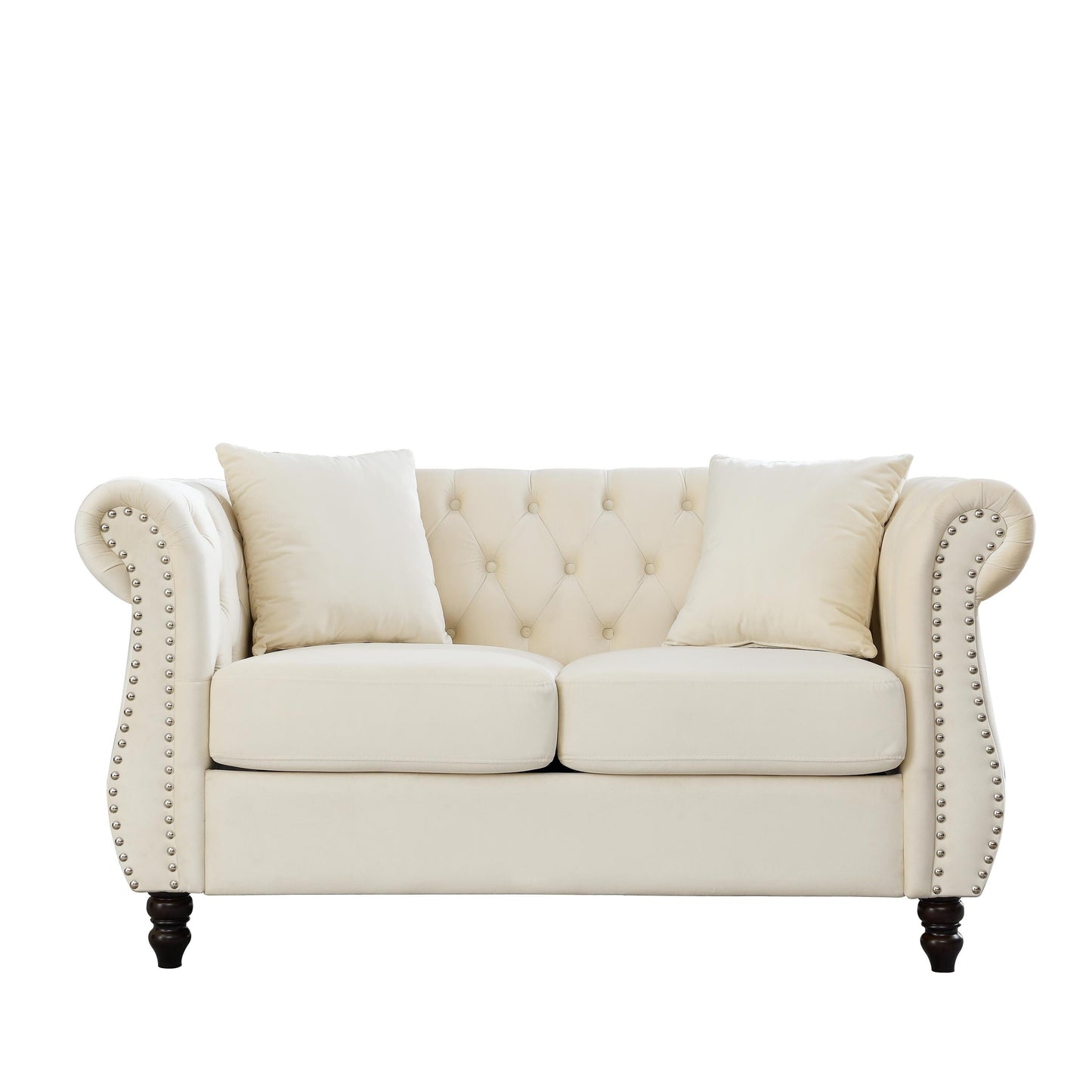 Canapé Chesterfield 2 places en velours 58,8 avec accoudoirs roulés, garniture cloutée et 2 coussins
