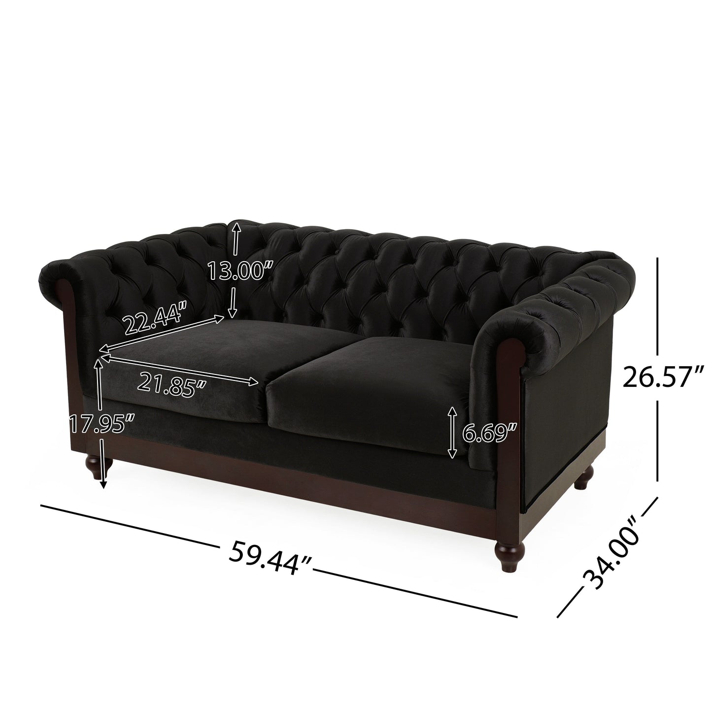 Canapé Chesterfield en velours 59,44 po avec accoudoirs roulés, dossier capitonné et capacité de 600 lb