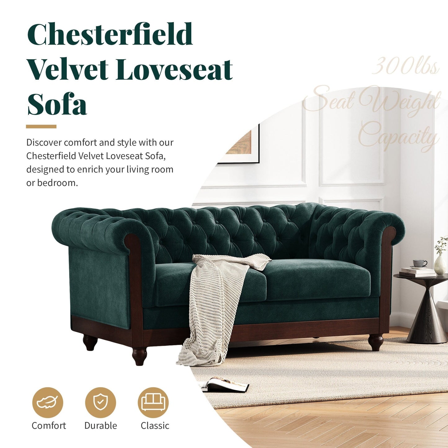 Canapé Chesterfield en velours 59,44 po avec accoudoirs roulés, dossier capitonné et capacité de 600 lb