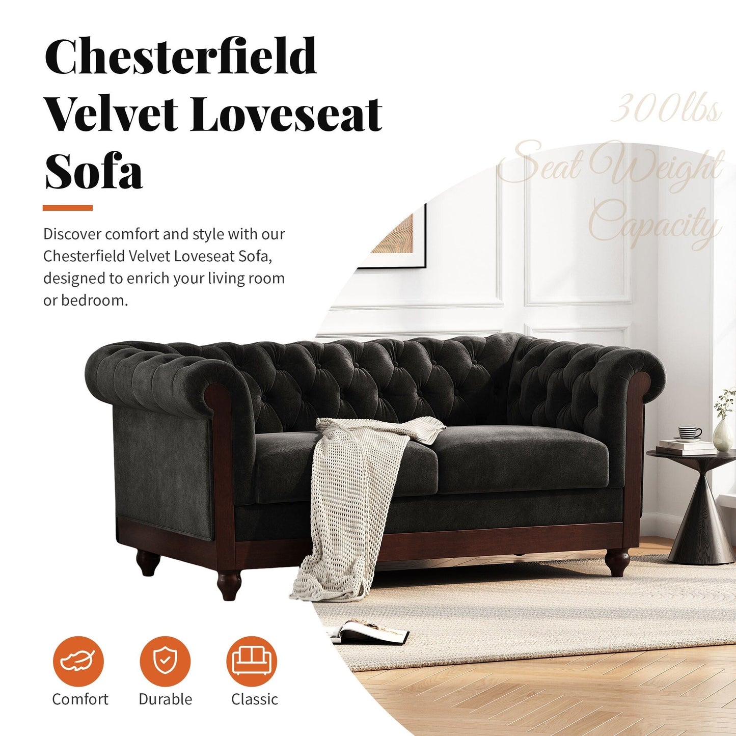 Canapé Chesterfield en velours 59,44 po avec accoudoirs roulés, dossier capitonné et capacité de 600 lb