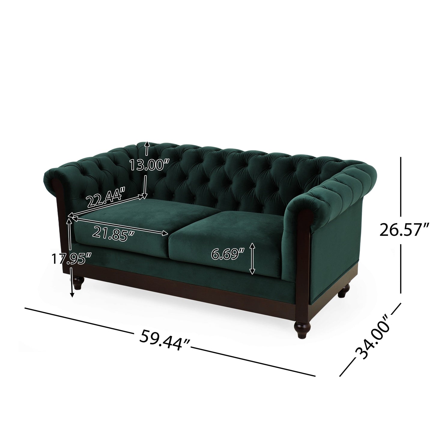 Canapé Chesterfield en velours 59,44 po avec accoudoirs roulés, dossier capitonné et capacité de 600 lb