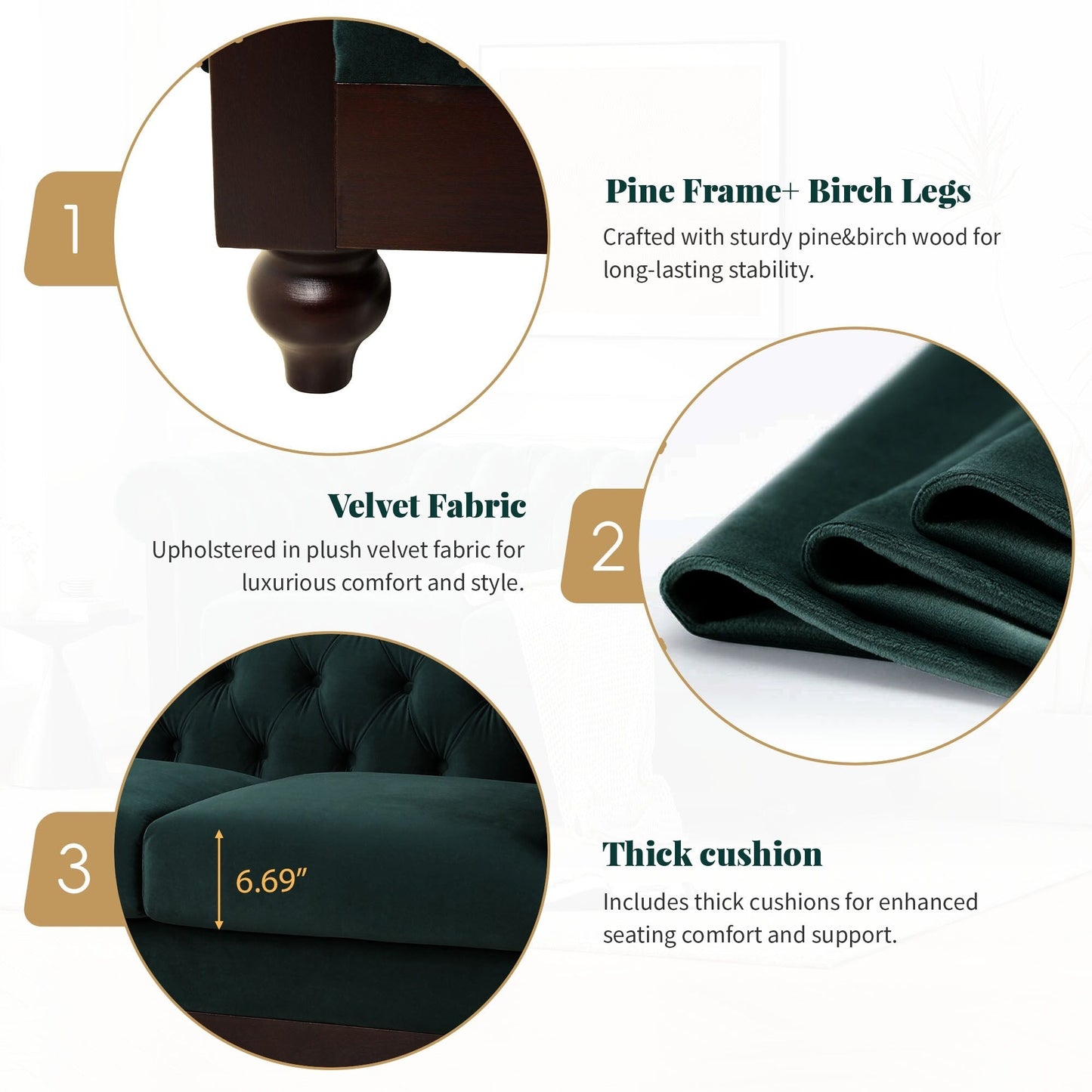 Canapé Chesterfield en velours 59,44 po avec accoudoirs roulés, dossier capitonné et capacité de 600 lb