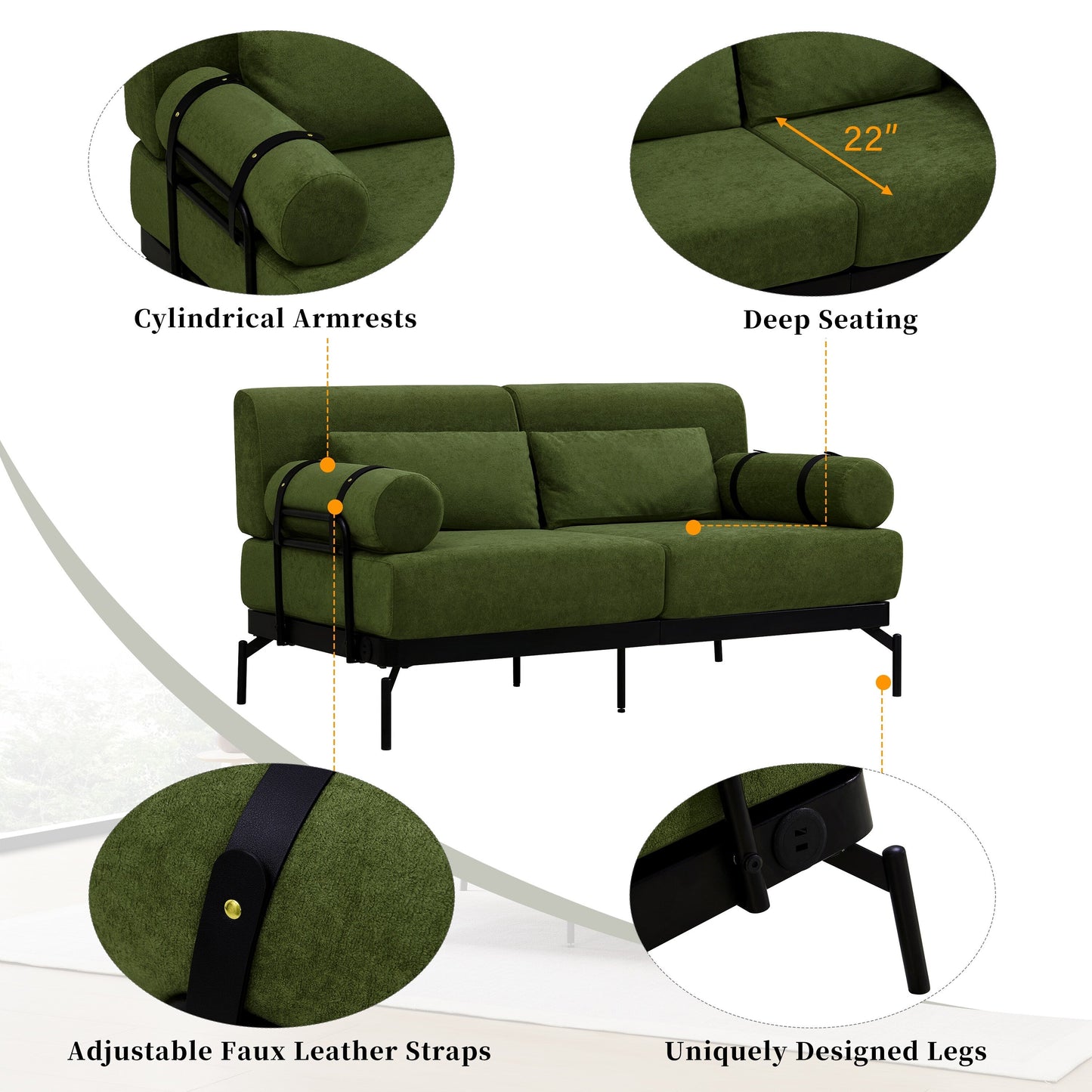 Canapé causeuse moderne en chenille de 59 po avec ports de chargement USB, accoudoirs cylindriques et capacité de charge de 440 lb