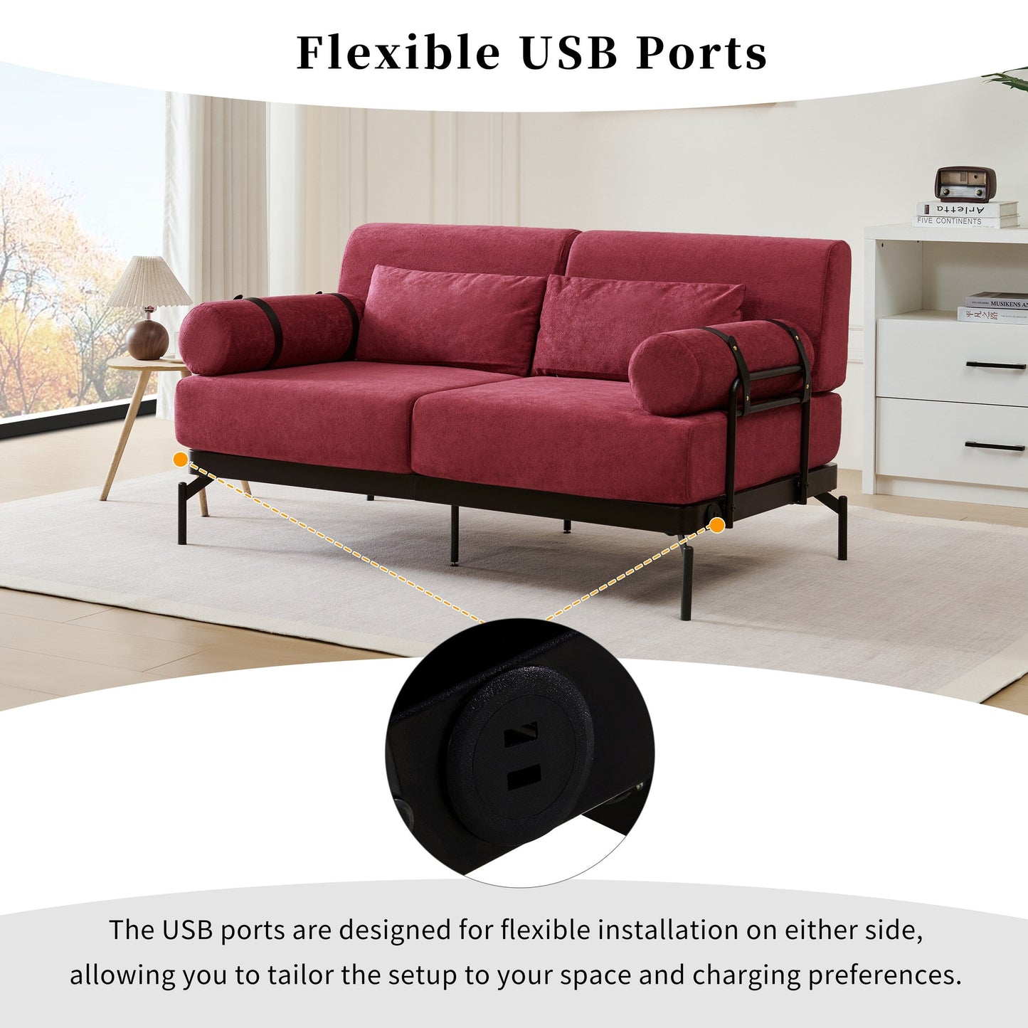 Canapé causeuse moderne en chenille de 59 po avec ports de chargement USB, accoudoirs cylindriques et capacité de charge de 440 lb