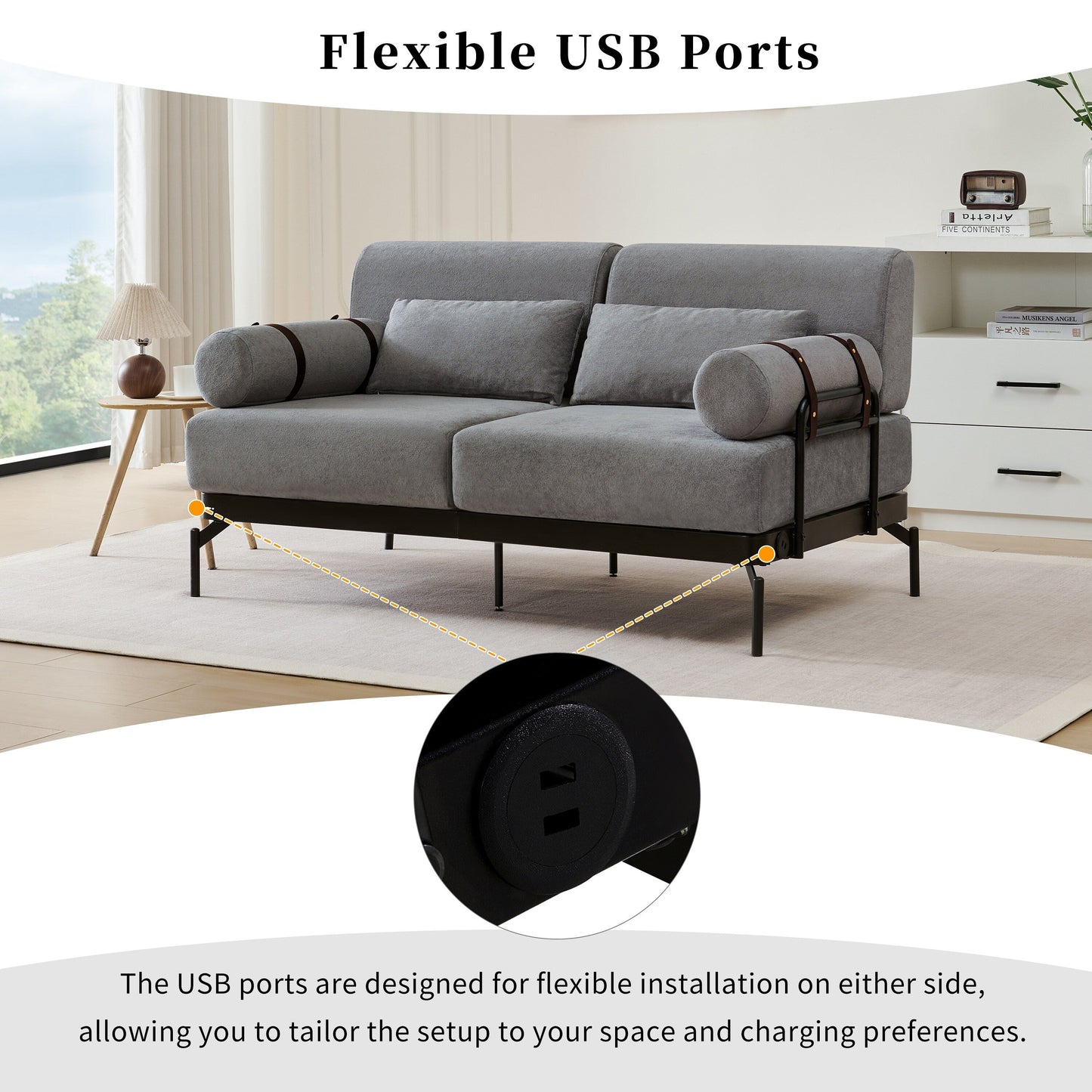 Canapé causeuse moderne en chenille de 59 po avec ports de chargement USB, accoudoirs cylindriques et capacité de charge de 440 lb