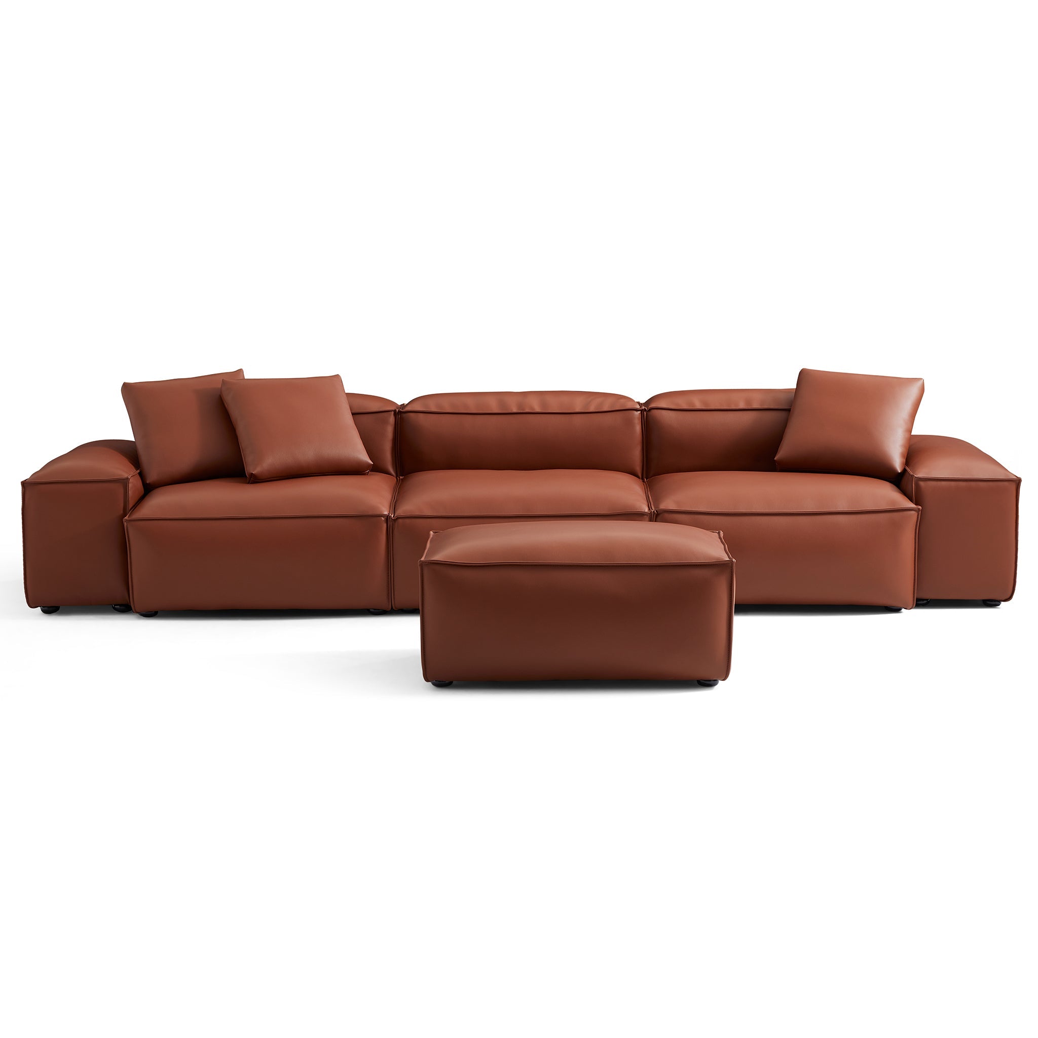 Cube Modular Brown Genuine Leather Sofa with Ottoman
