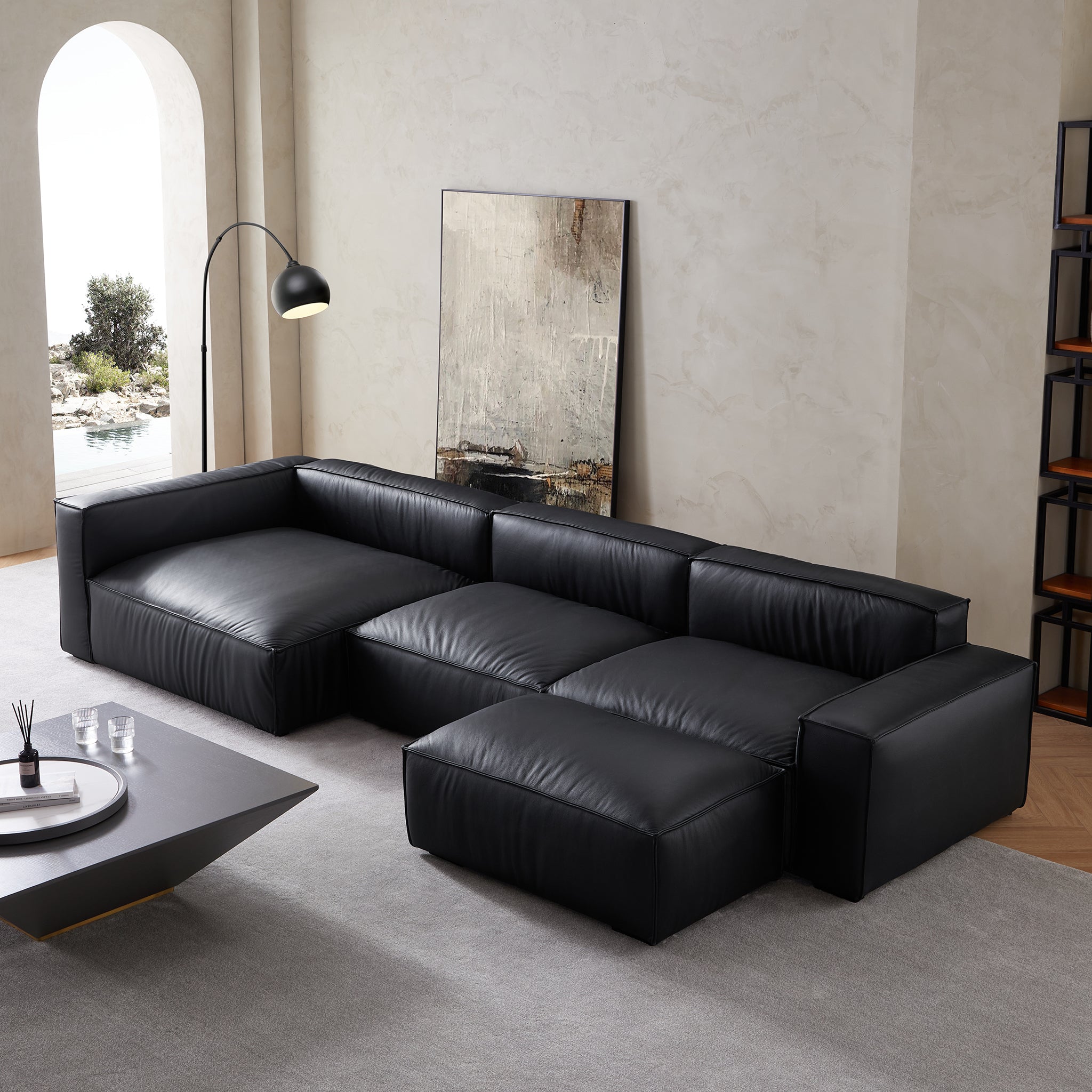 Canapé sectionnel et ottoman minimaliste de luxe en cuir noir