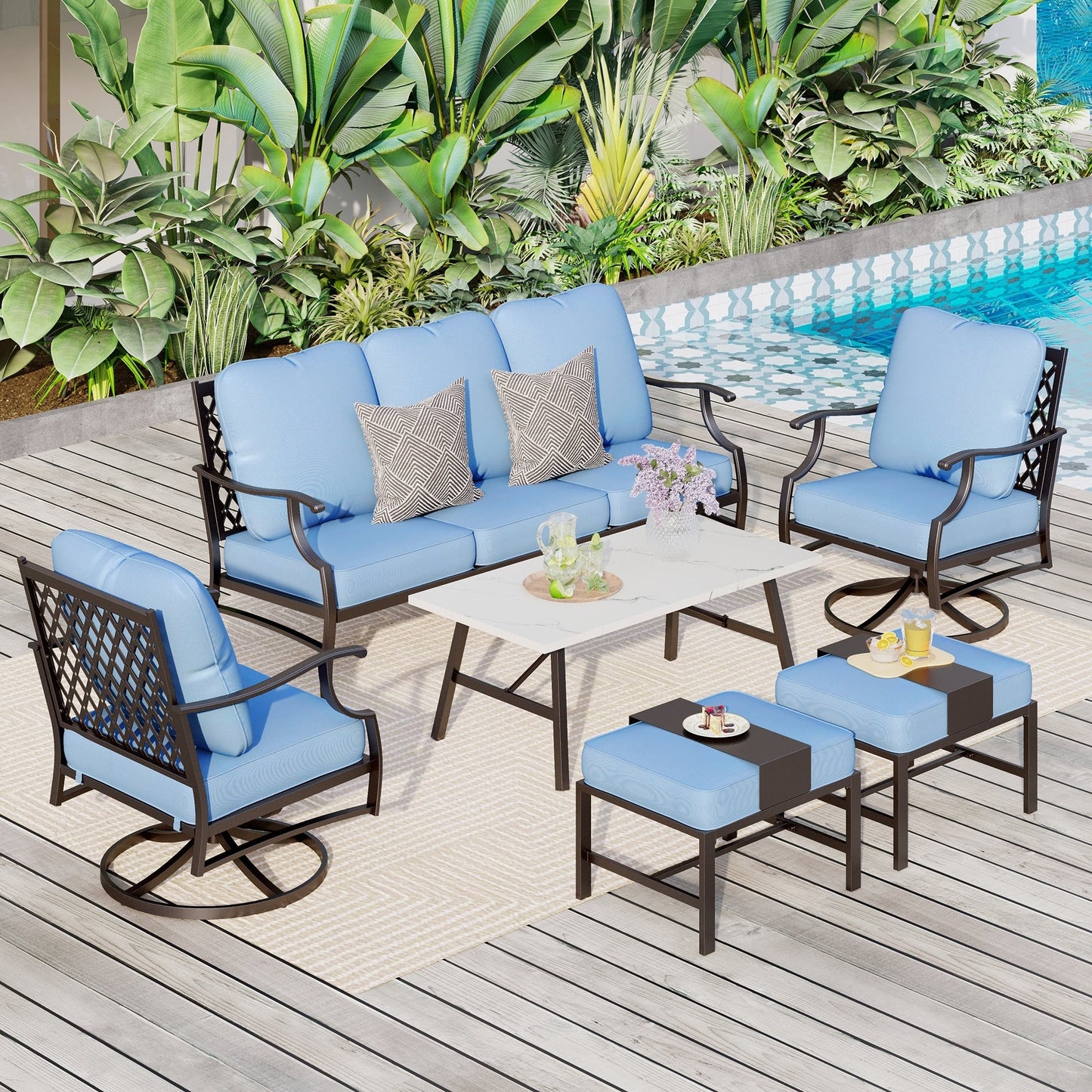 Ensemble de salon de jardin MAISON ARTS 6/7 pièces, canapé avec 2/4 chaises simples, 1 canapé 3 places et table basse/poufs