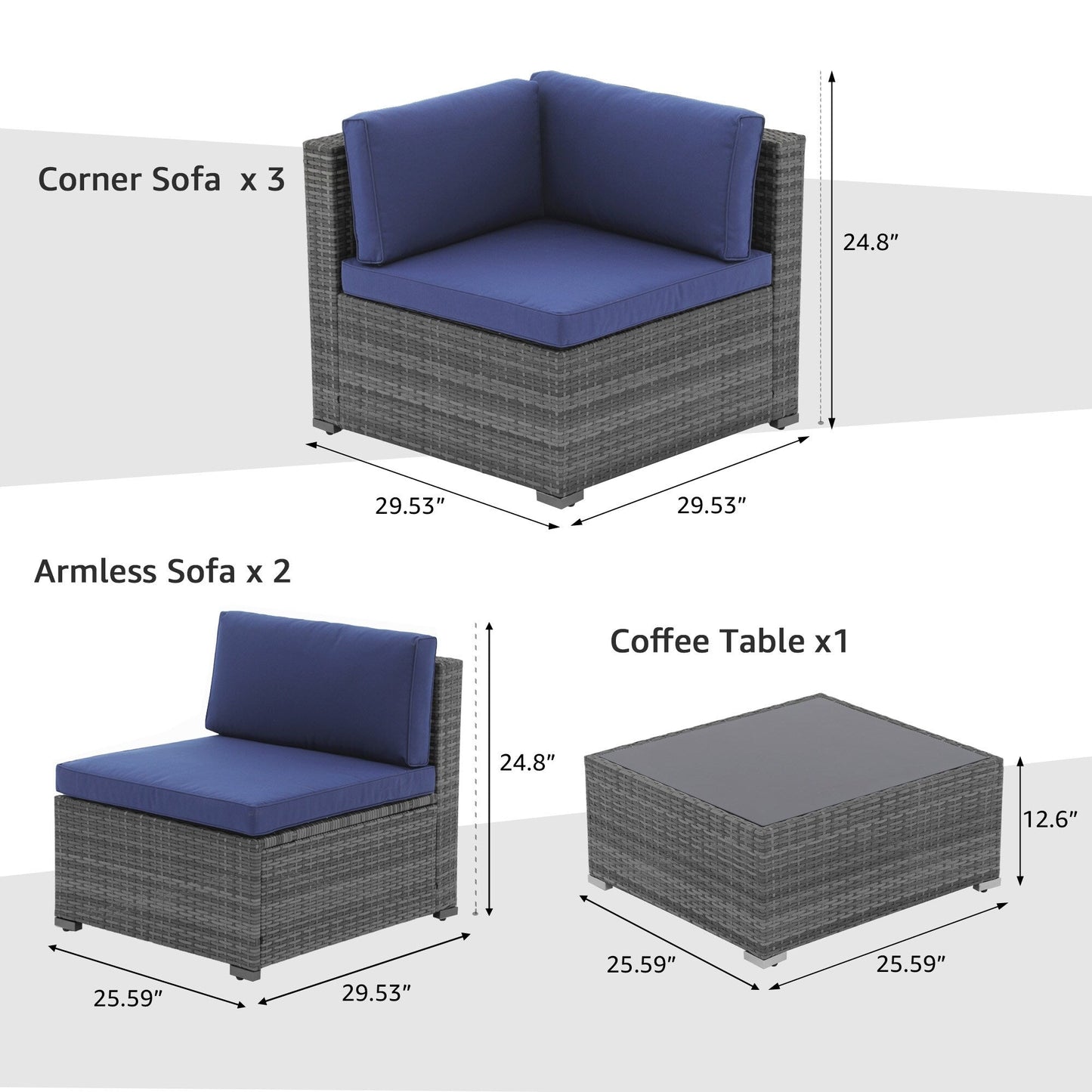 Ensemble de canapés d'extérieur 6 pièces en osier avec coussins